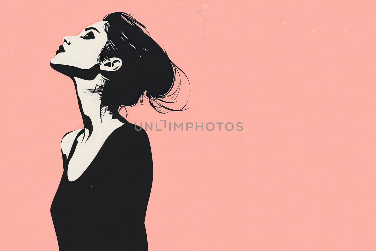 The artwork showcases a minimalist fashion illustration of a woman in profile, capturing her confident demeanor against a soft pink backdrop. The clean lines and simplicity emphasize style.