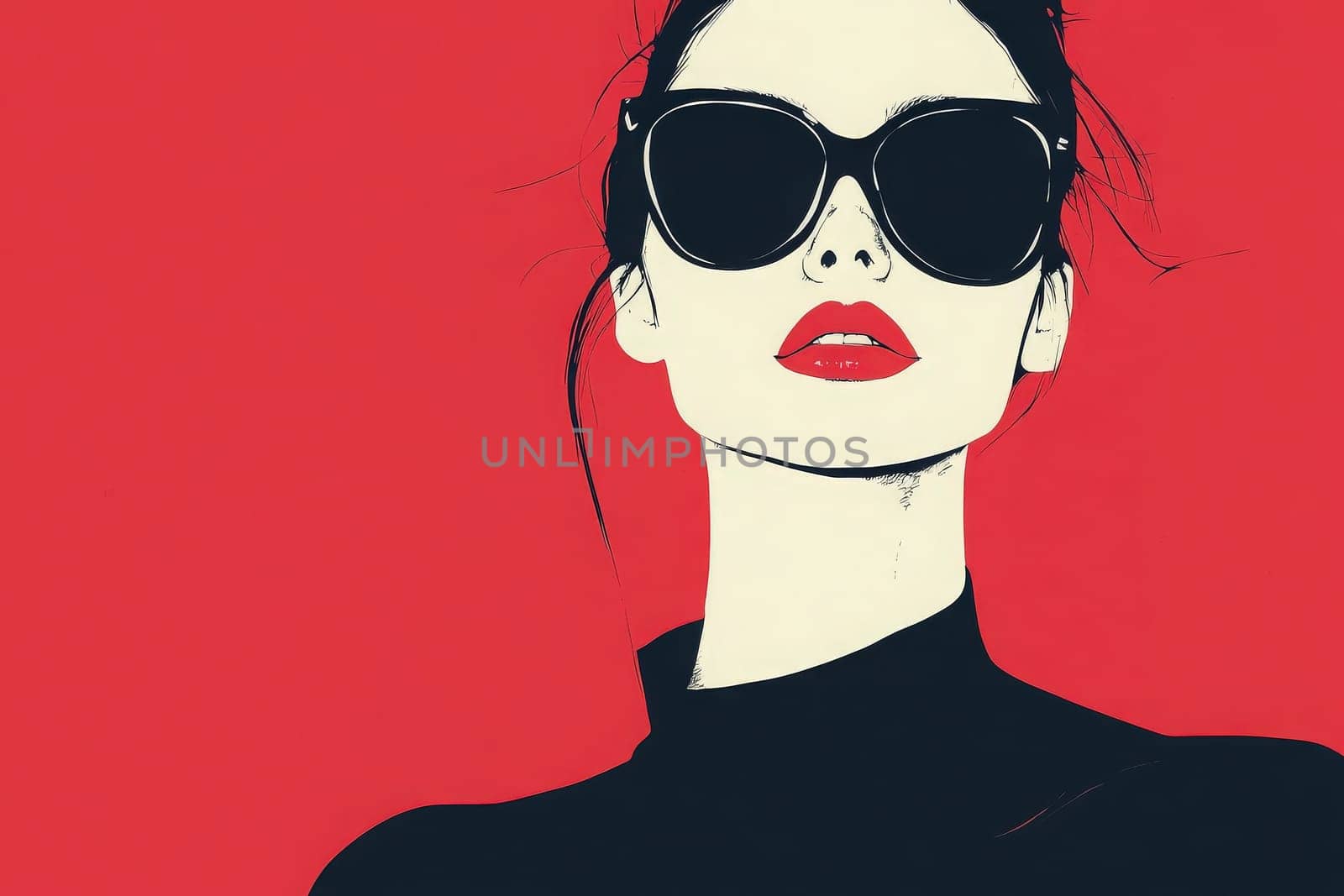 A stylish illustration features a woman wearing oversized sunglasses and bold red lips, set against a striking red background. The clean design highlights her confident demeanor.