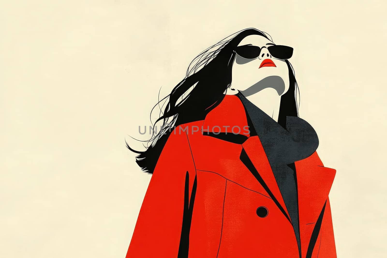 A fashionable woman exudes confidence while looking upwards. Dressed in a vibrant red coat and chic sunglasses, she captures a minimalist aesthetic that emphasizes her bold style.