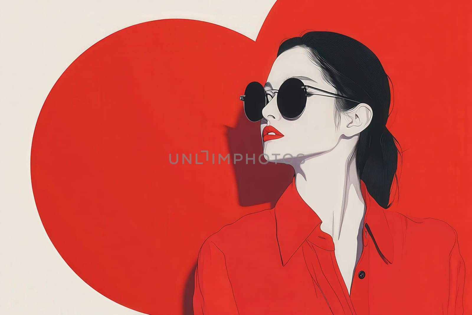 A striking fashion illustration depicts a woman in sunglasses, dressed in a red top, set against a vibrant red background. The clean design emphasizes elegance and modern style.