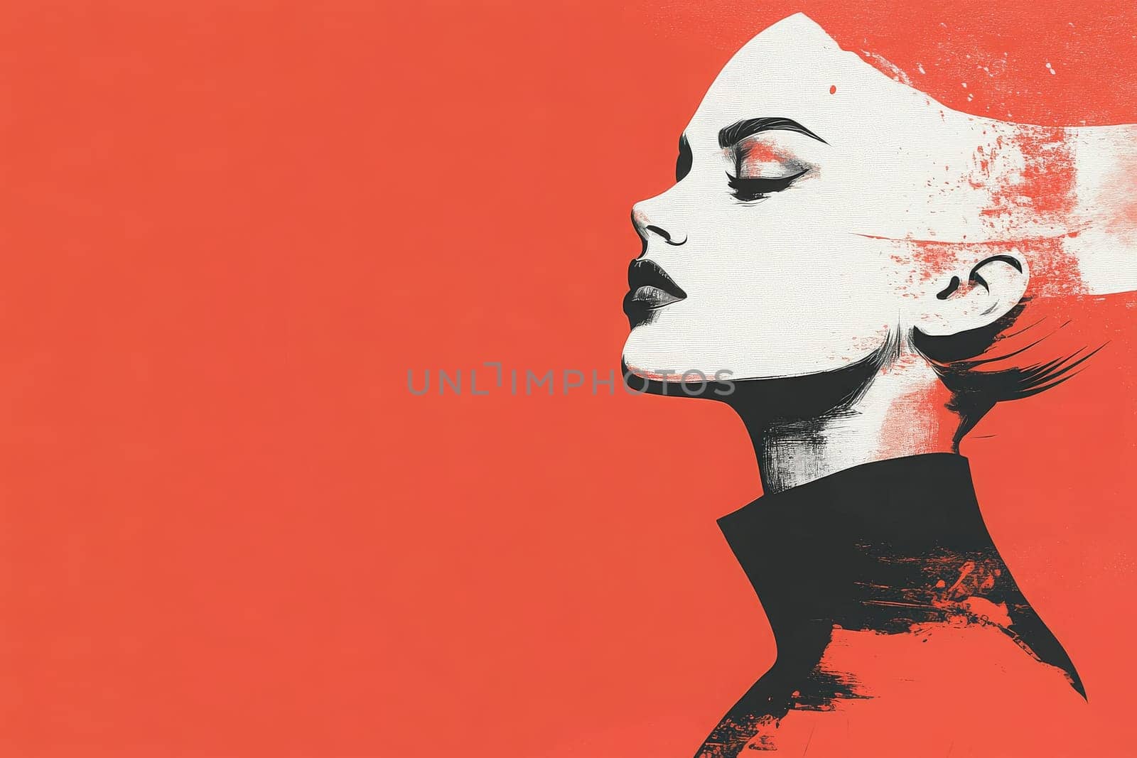 A clean and minimalist fashion illustration features a striking profile of a woman with a sleek hairstyle. The bold red background enhances the artistic expression and elegance of the design.