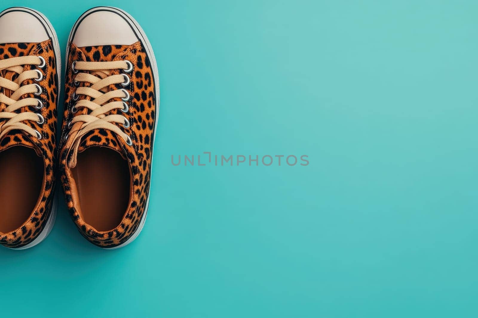 Leopard print sneakers are neatly arranged on a bright blue surface, showcasing their fashionable design and playful vibe, perfect for casual outings and stylish ensembles.