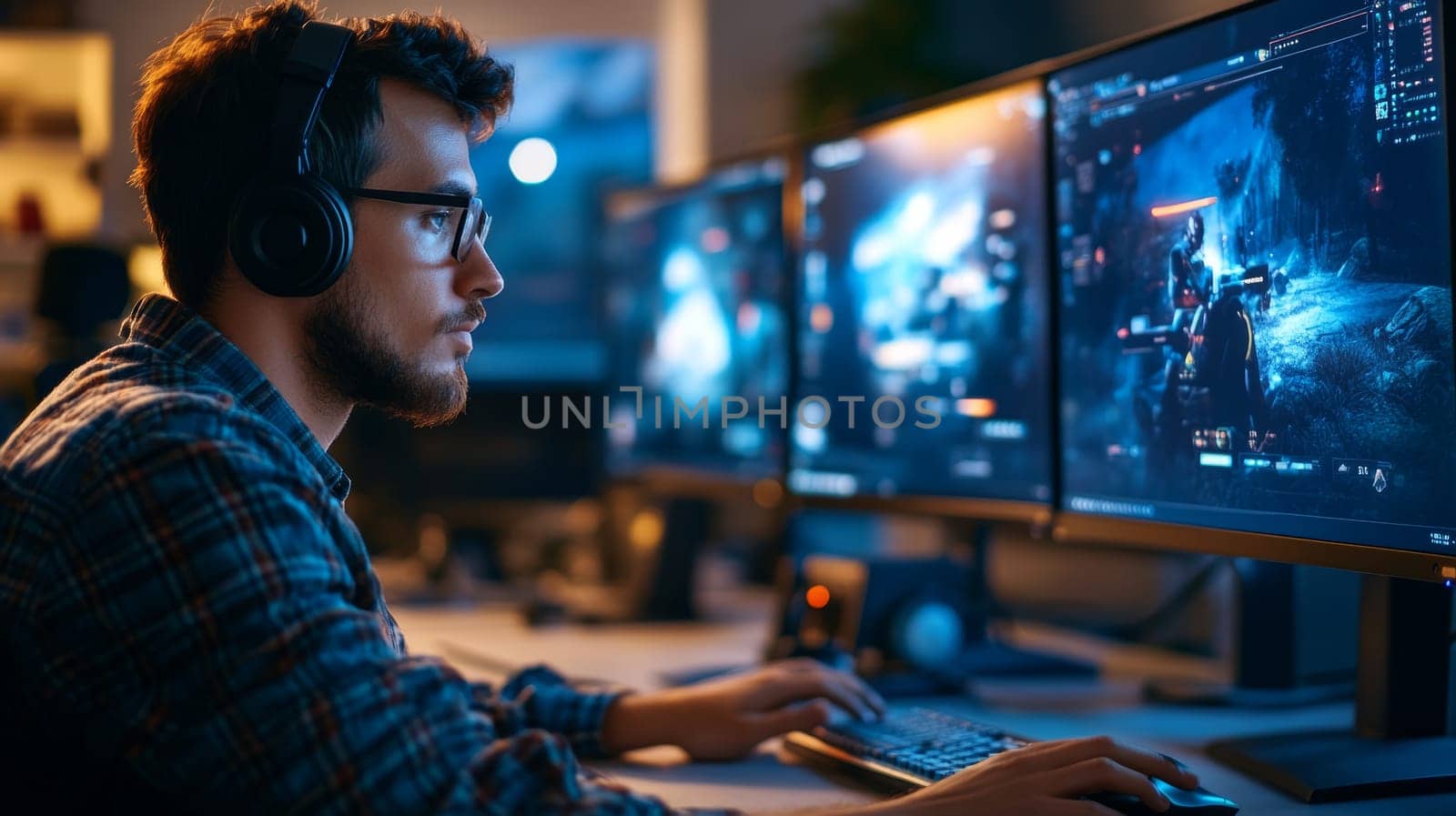 A programmer deeply engaged in testing a video game, using multiple screens in an advanced tech environment.