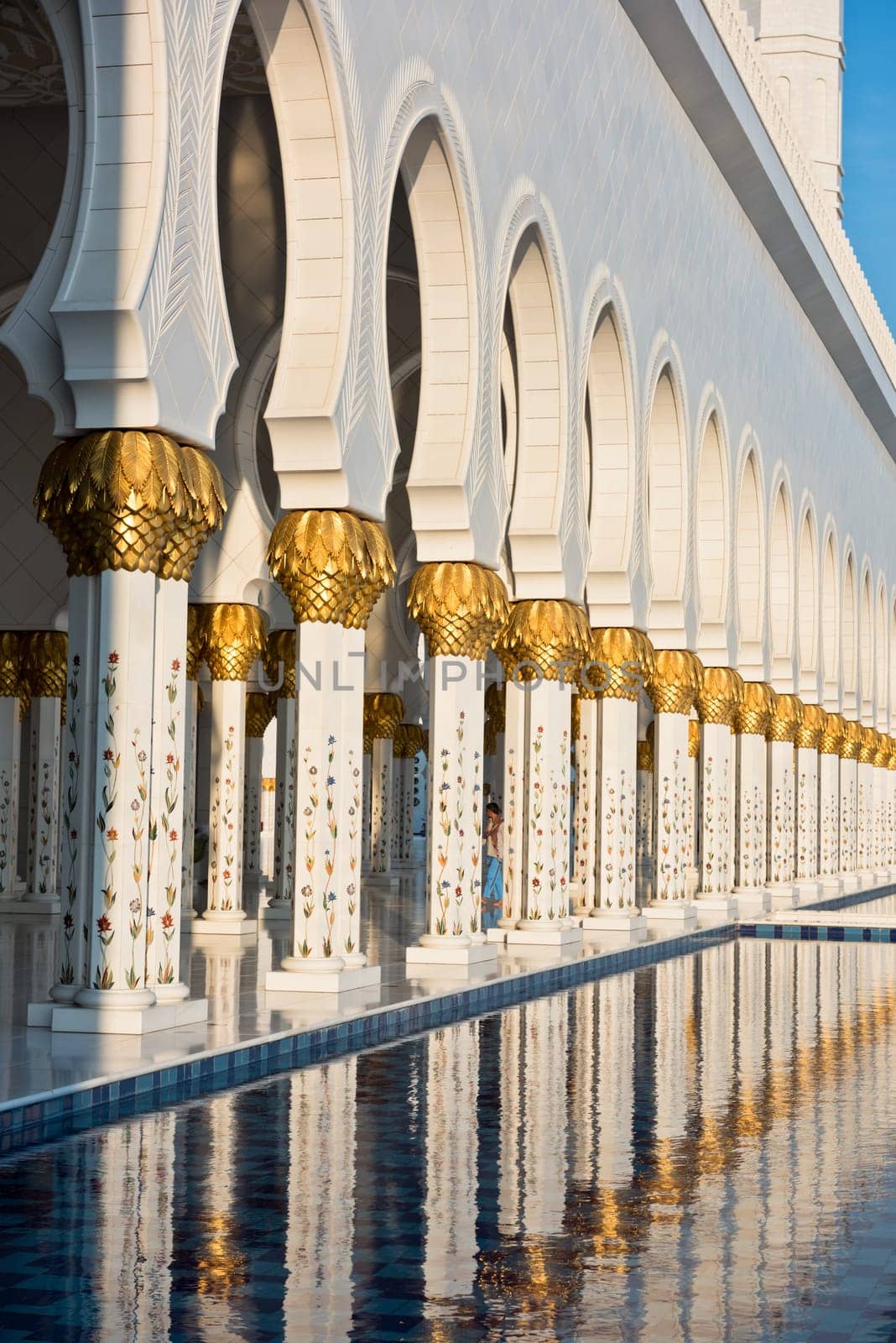 Beautiful gallery of famous Sheikh Zayed White Mosque in Abu Dhabi, UAE. Reflections