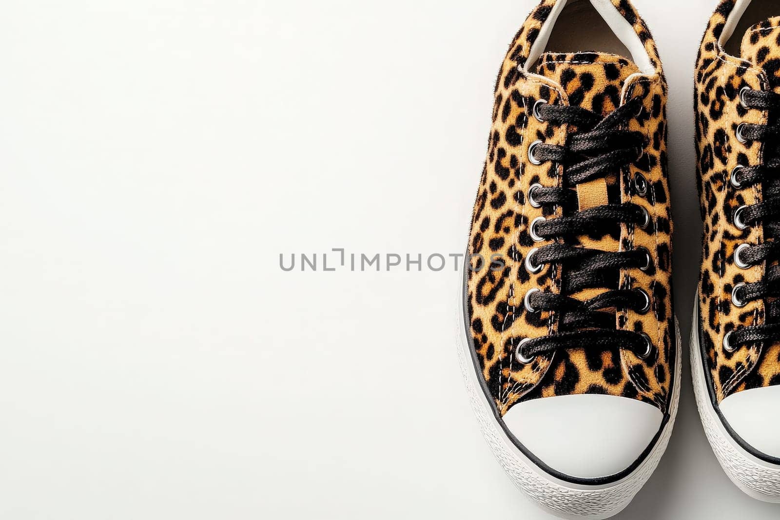 These leopard print sneakers are arranged neatly on a pristine white surface, highlighting their fashionable design perfect for a casual day out or adventurous style.