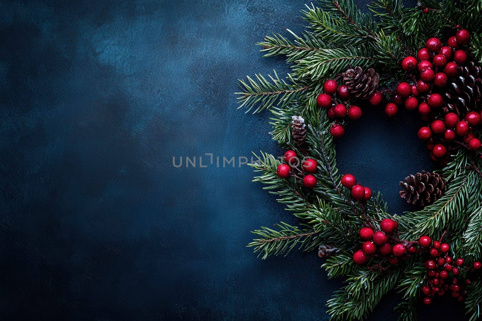 A beautifully crafted holiday wreath features lush green foliage, rich red berries, and rustic pinecones. The wreath is set against a deep, solid background, evoking a festive atmosphere.