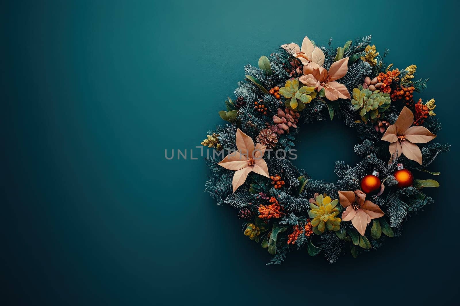 A colorful wreath decorated with vibrant flowers, pine, and ornaments hangs against a rich, dark backdrop, creating a warm and inviting atmosphere perfect for holiday celebrations.