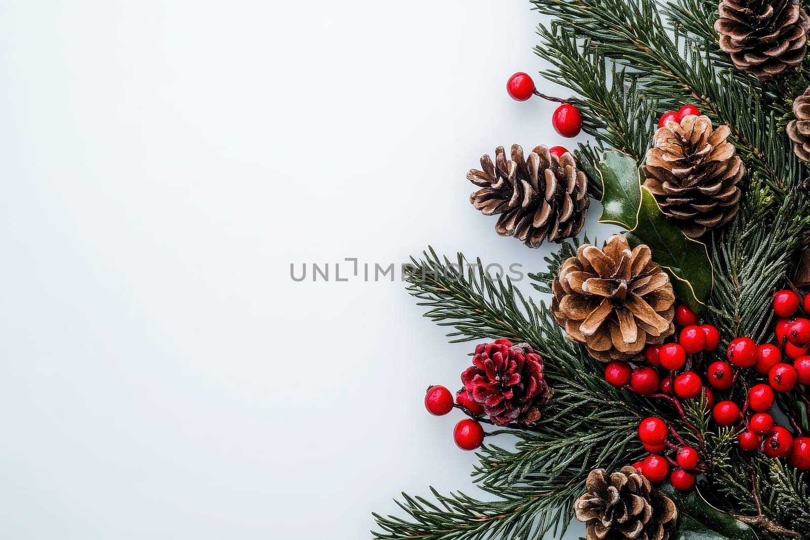 A vibrant festive wreath features pinecones, red berries, and evergreen foliage, perfect for holiday decoration. Its clean solid background highlights the seasonal charm and natural beauty.