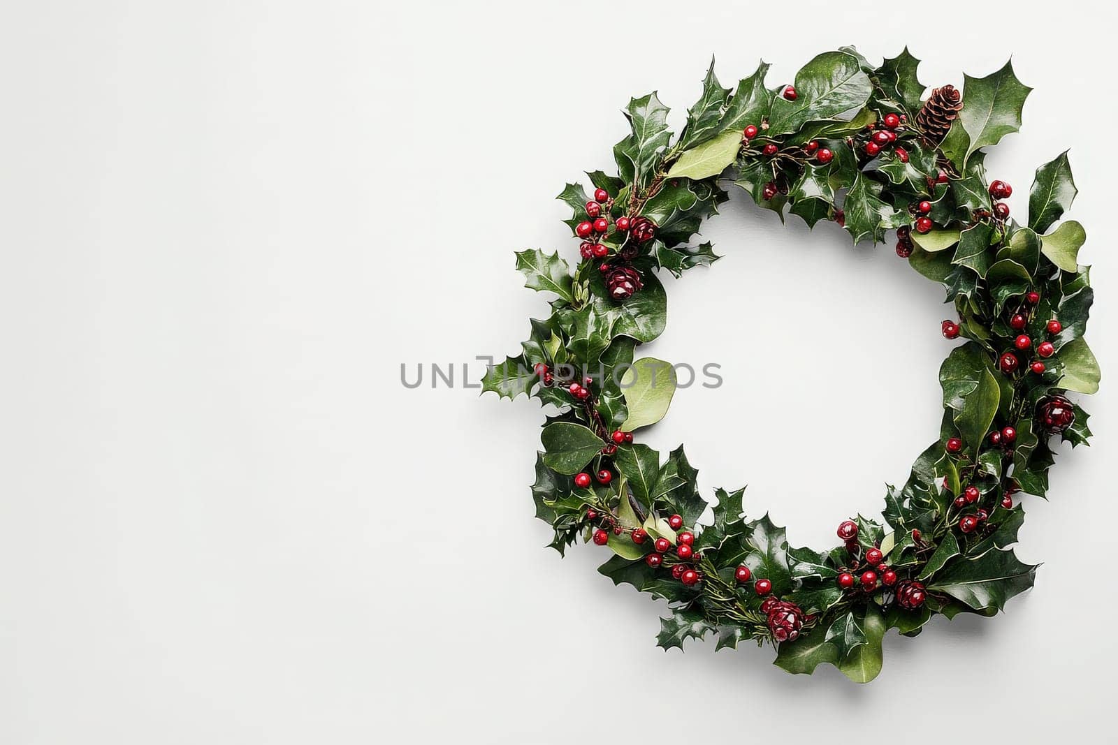 A beautifully crafted wreath is displayed, featuring fresh evergreen foliage and vibrant red berries. This decorative piece adds a joyful touch to the seasonal atmosphere.