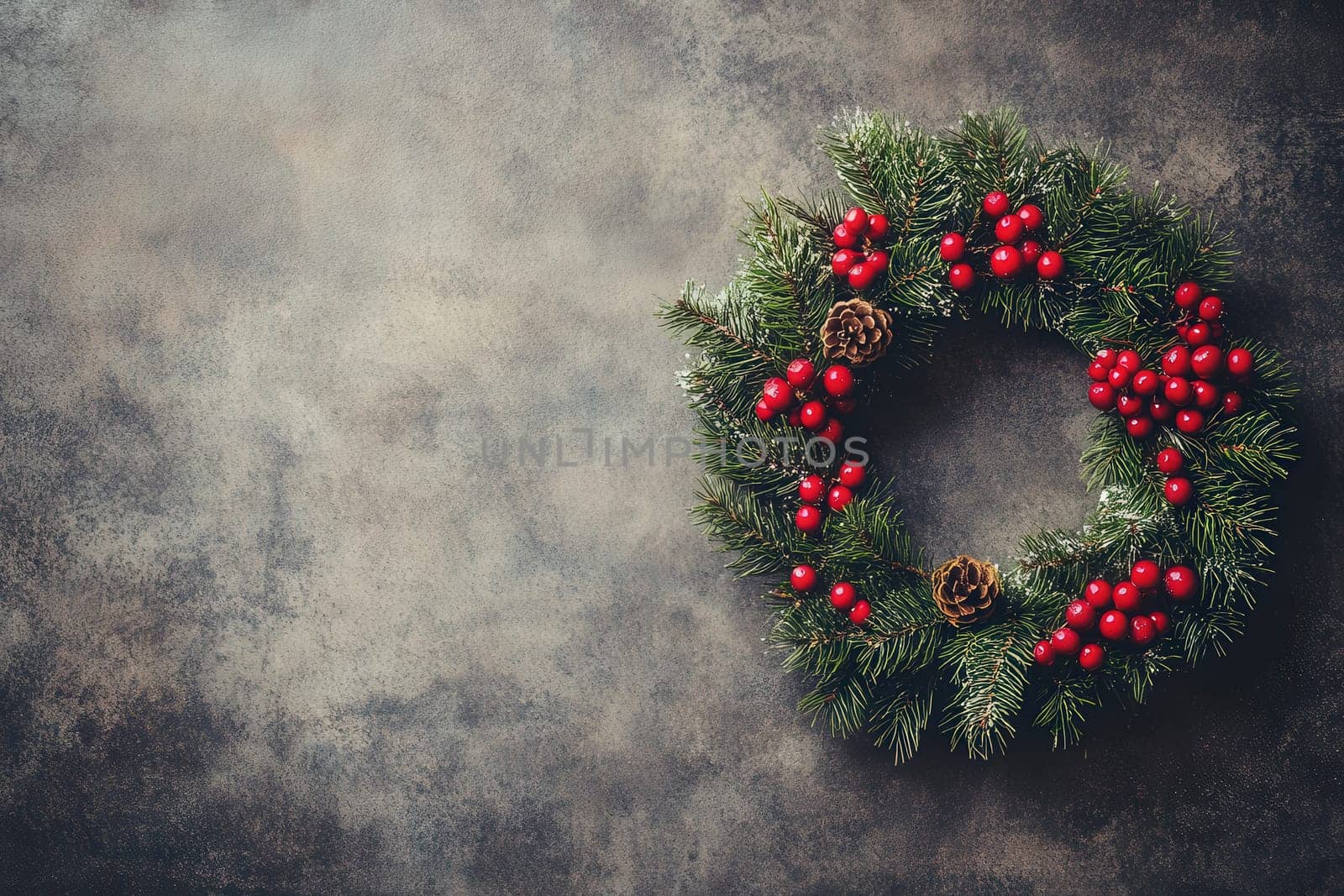 A beautifully crafted Christmas wreath hangs against a rustic backdrop. It features vibrant red berries and pinecones, enhancing the festive spirit and charm of the holiday season.