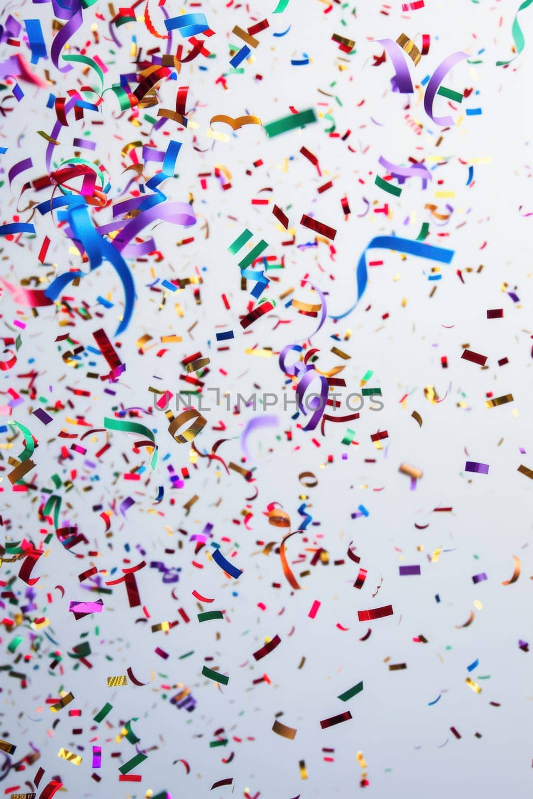 coloured confetti as a white New Year's background. AI generative.