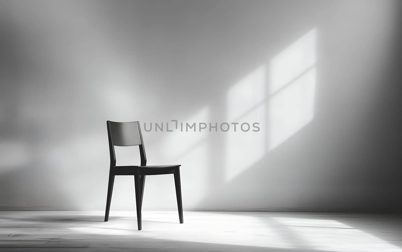 A lone wooden chair casts long shadows in an empty room, illuminated by soft sunlight streaming through an unseen window, creating a serene atmosphere.