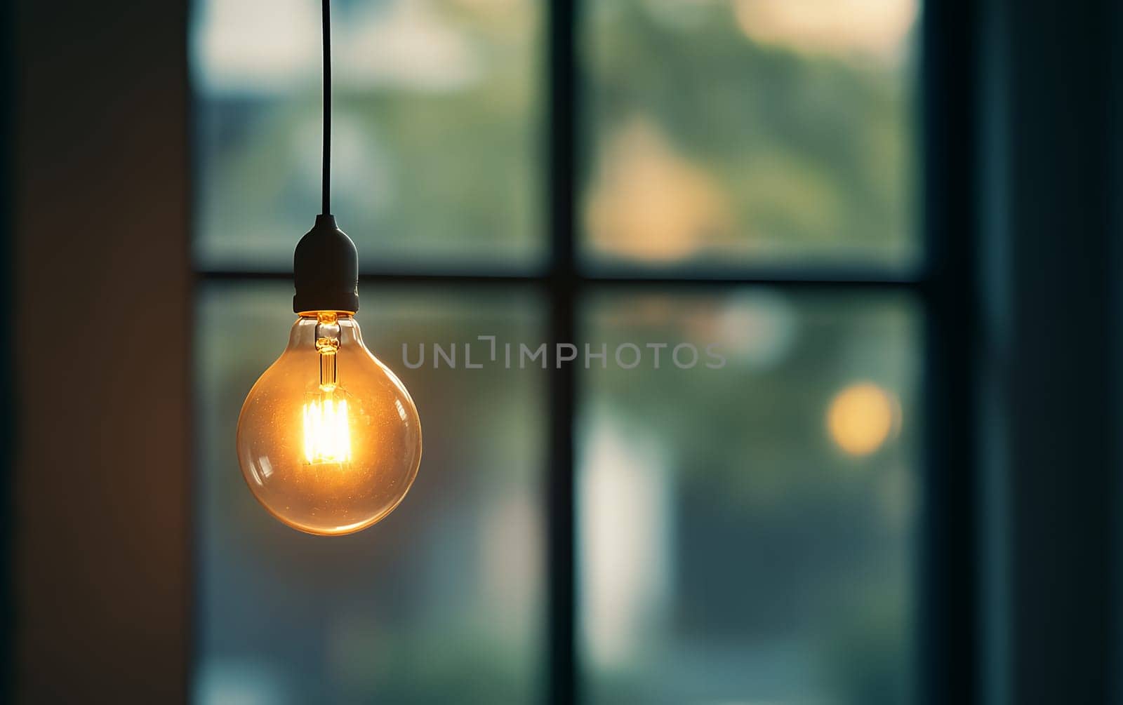 A glowing vintage Edison bulb hangs in front of a blurred window, creating a warm and cozy atmosphere with soft bokeh effects.