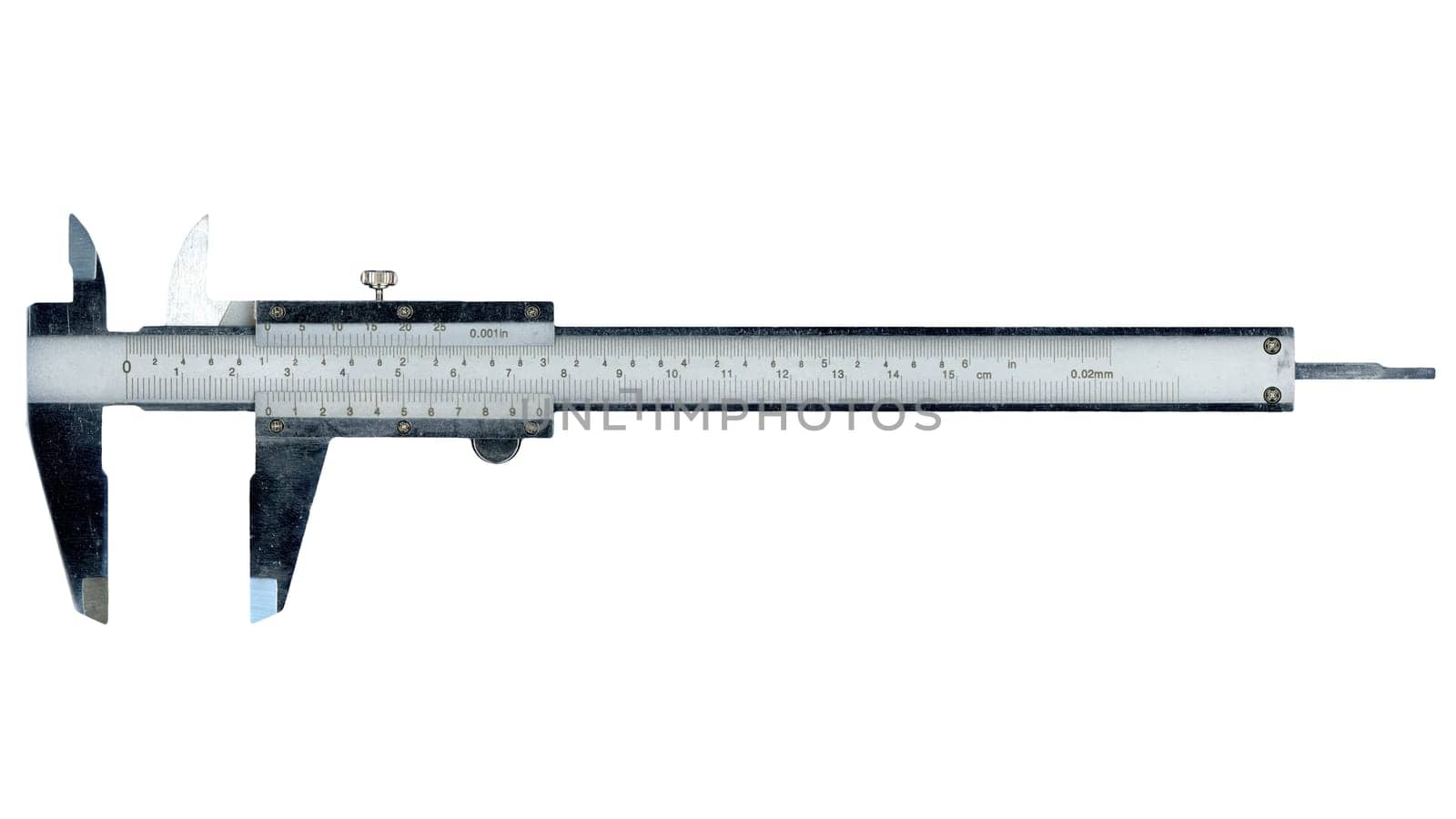 calliper measuring tool with metric and imperial engineering units isolated over white background