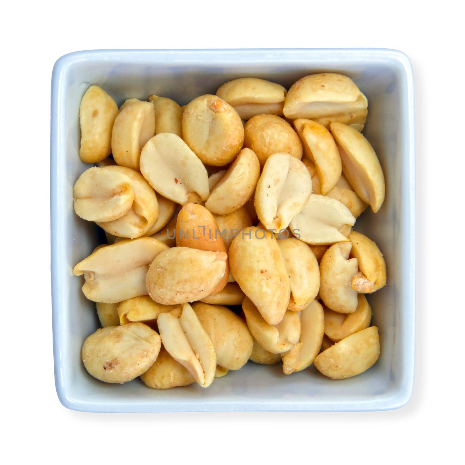 Roasted peanuts in a white container With clipping path to remove shadow