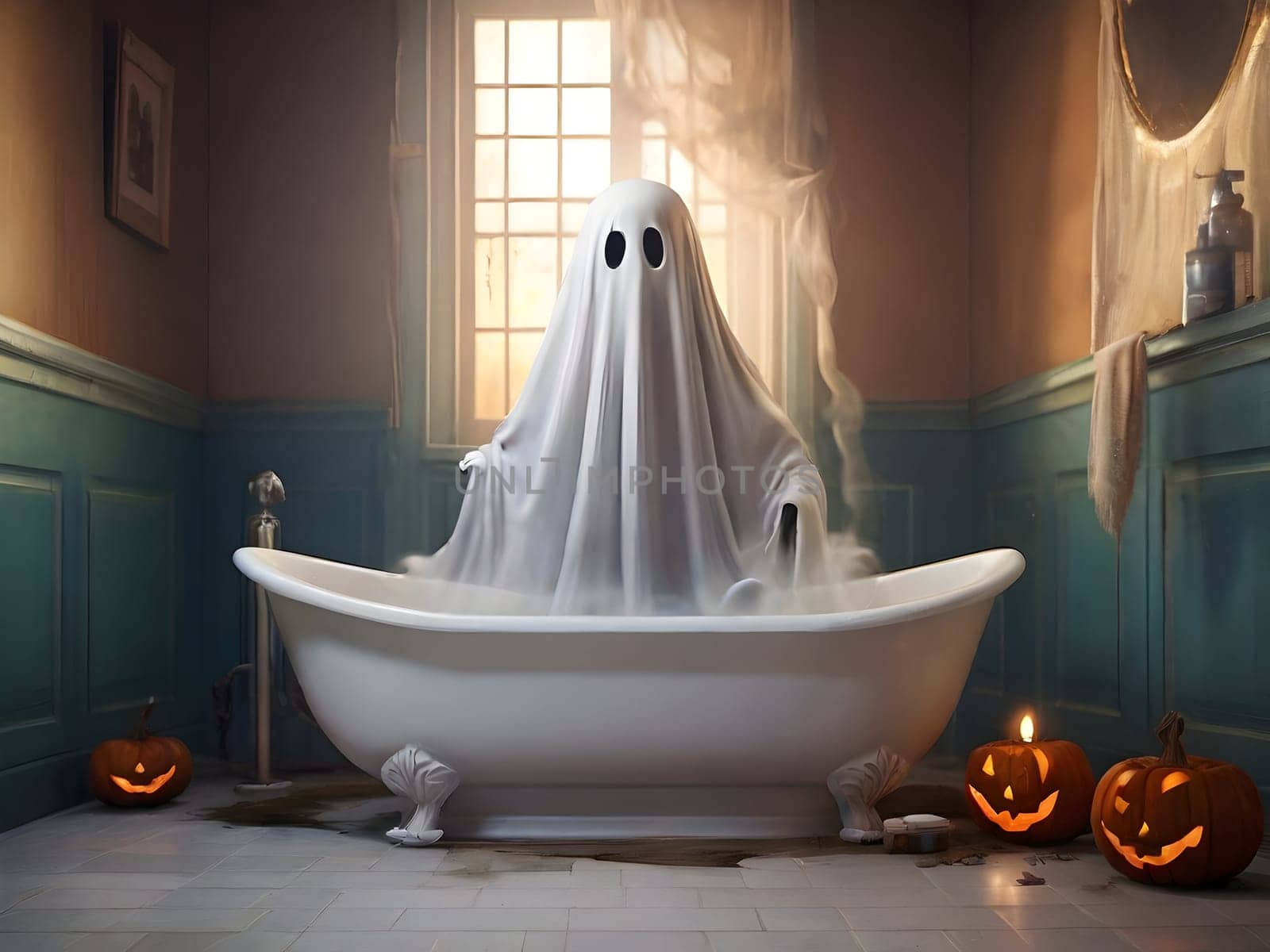 Funny Halloween ghost in the restroom