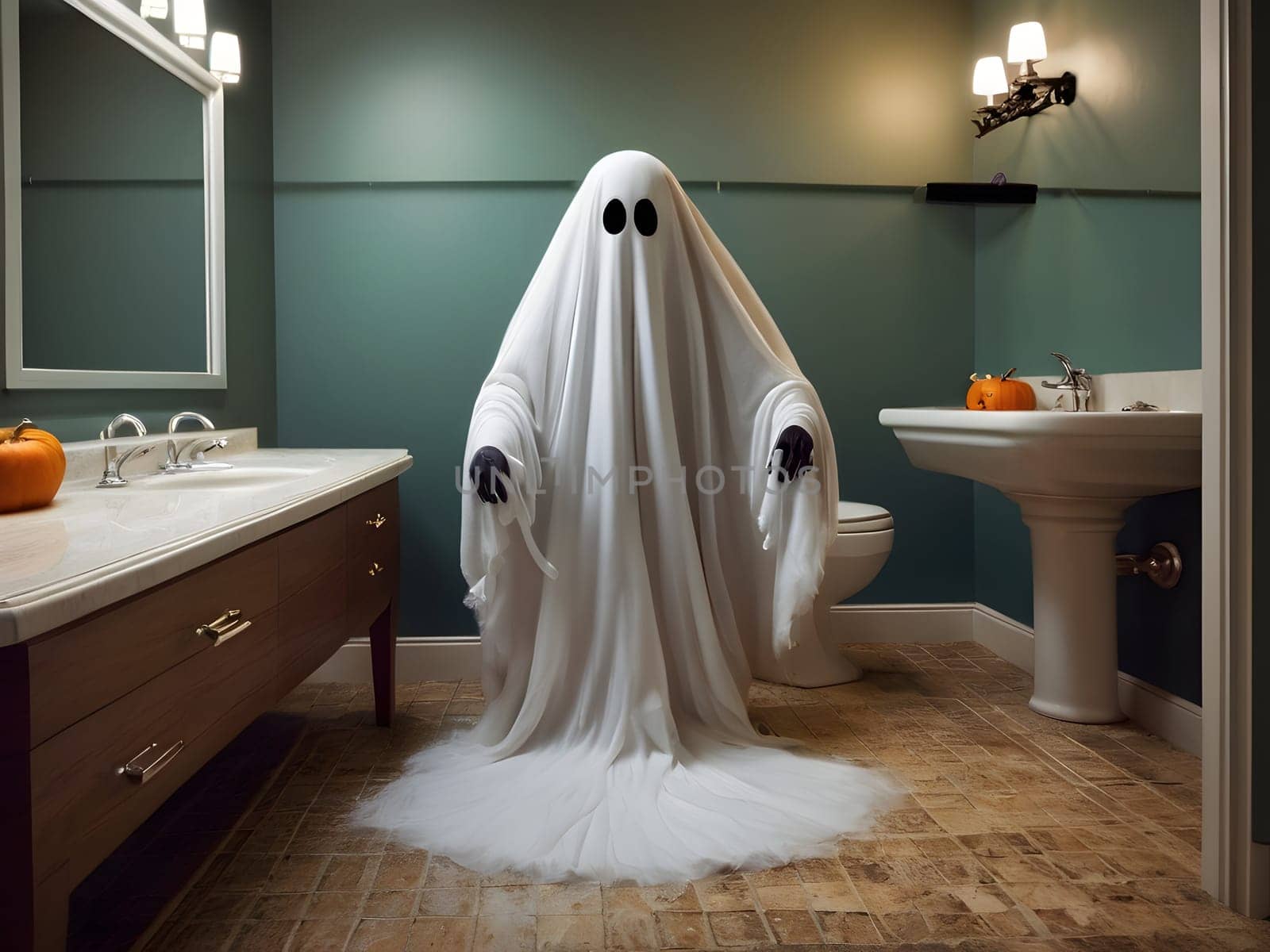Funny Halloween ghost in the restroom