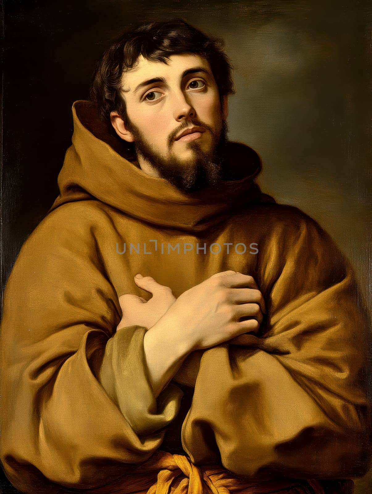 st Francis of Assisi, young man, monk, beard, brown clothing, AI generative.
