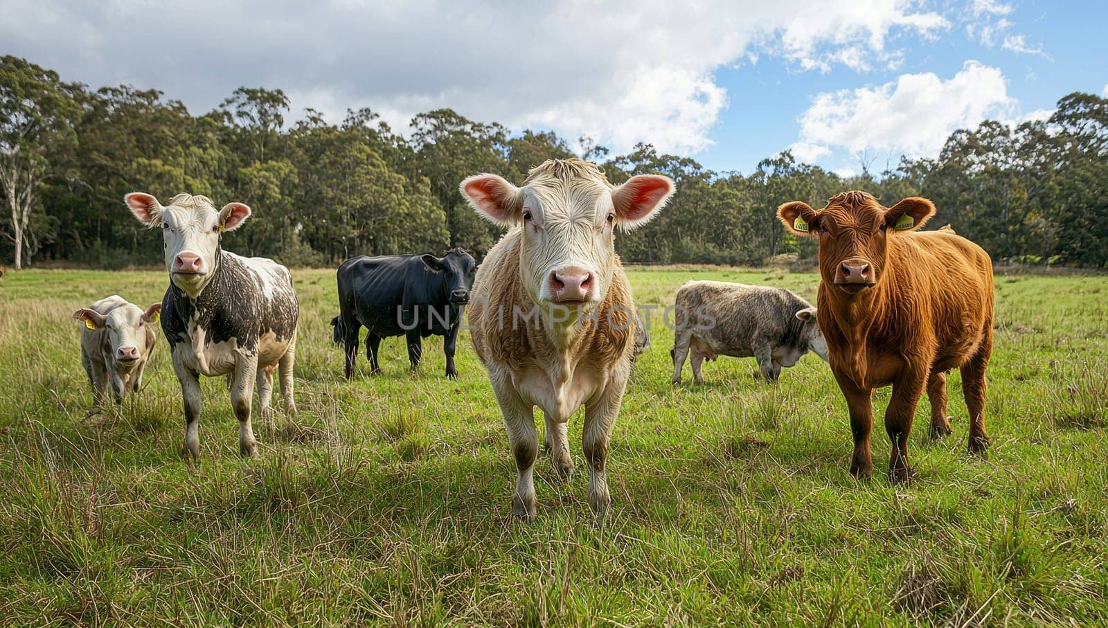 Herd of cows grazing on a lush green pasture. Concept of dairy farming, sustainable agriculture, and rural life.