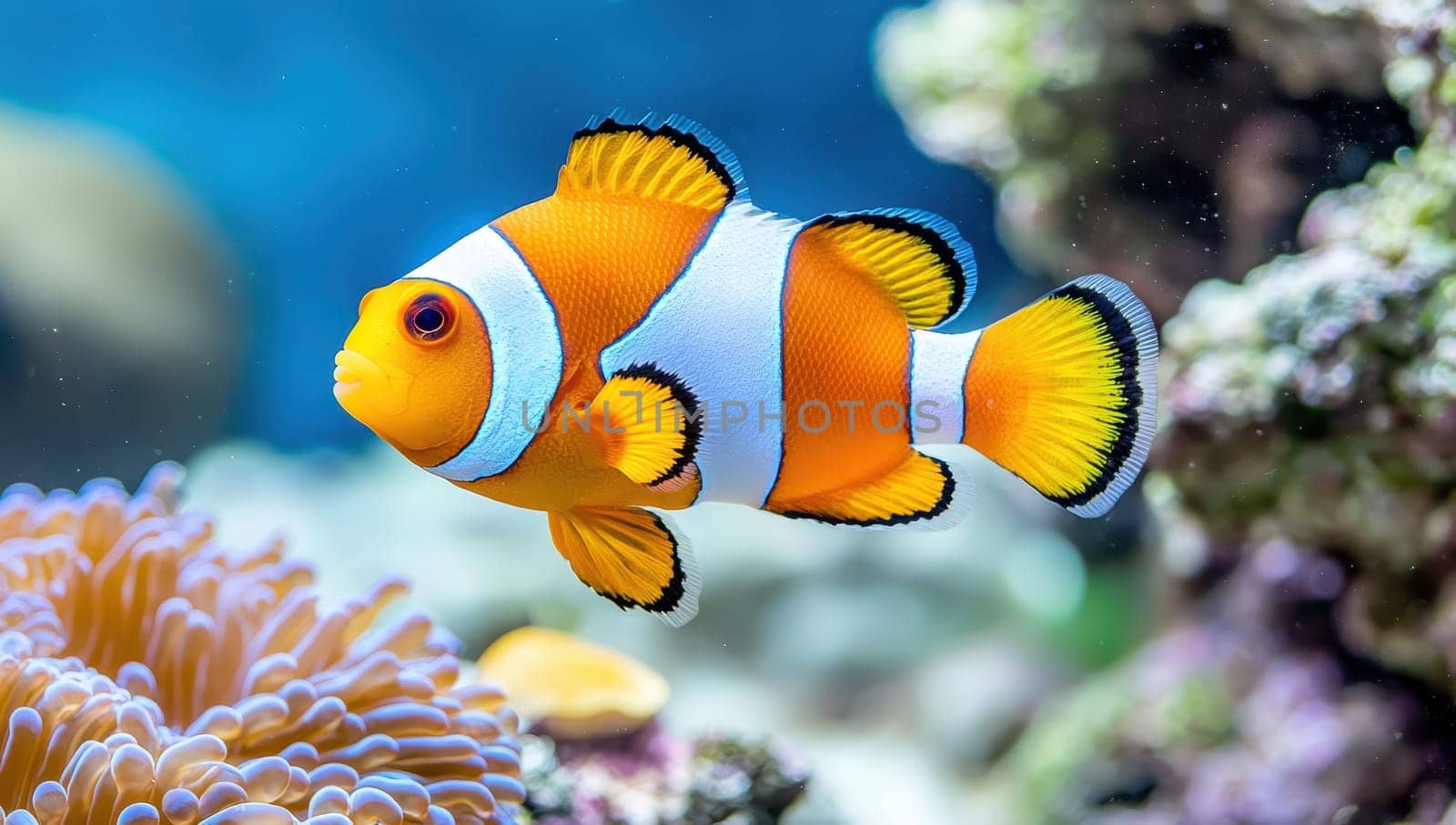 Ocellaris clownfish swimming in a coral reef aquarium.