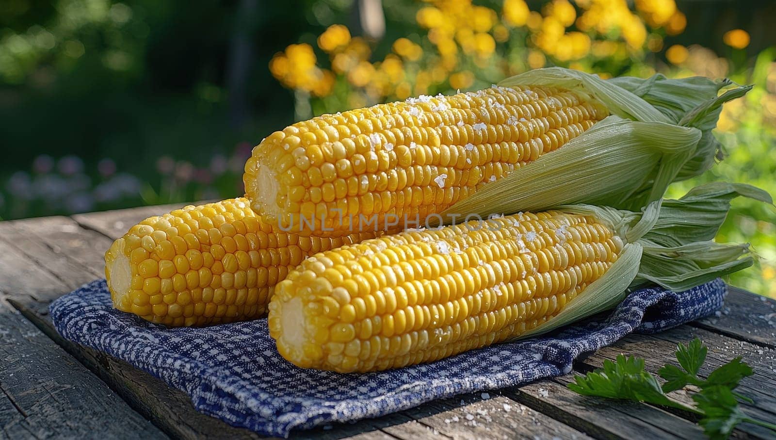 Freshly harvested sweet corn on the cob. Concept of summer, farming, and healthy eating.