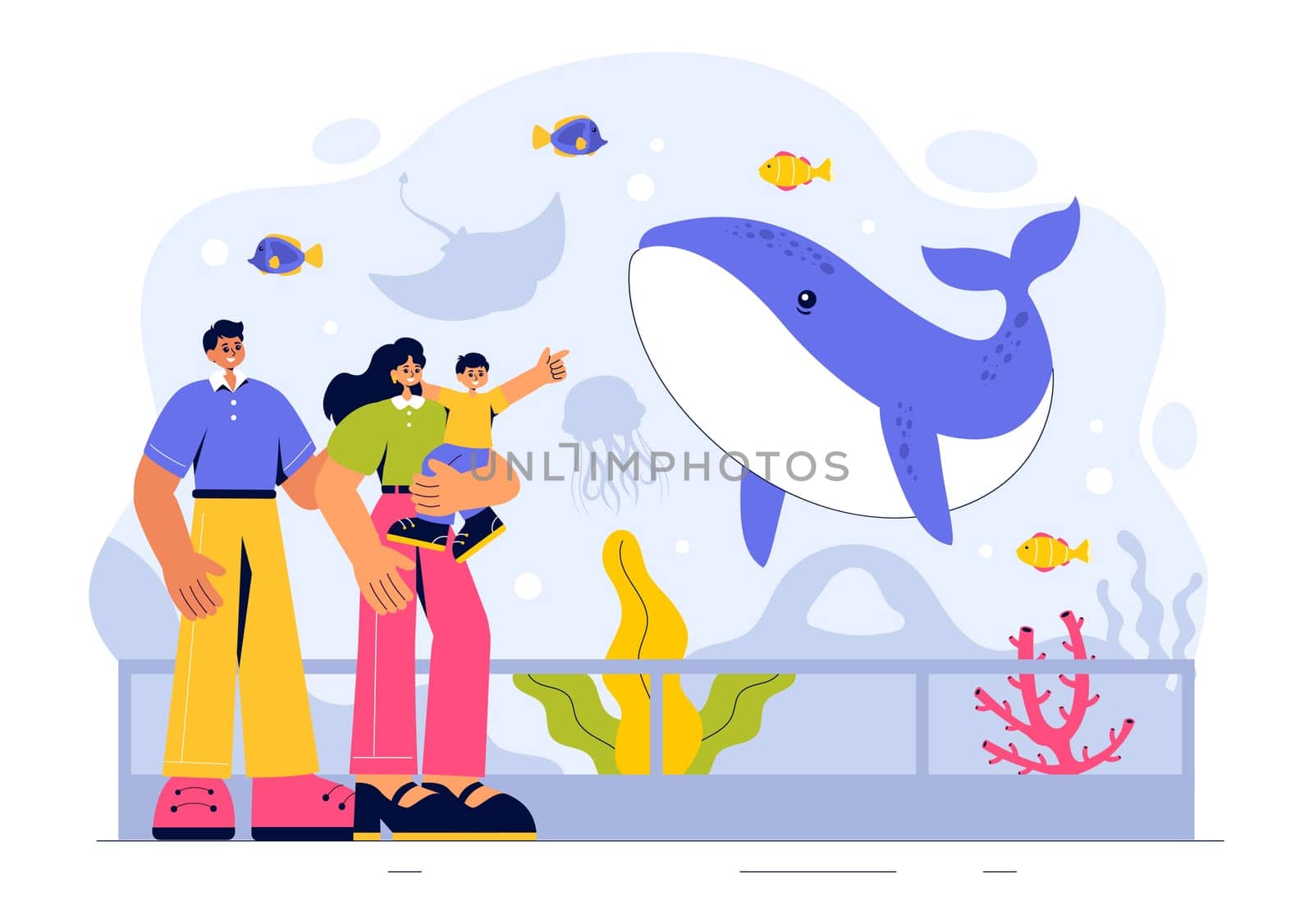 Aquarium Vector Illustration featuring an Underwater Scene with Fish Observation, Sea Animals, and Various Marine Flora and Fauna in a Background