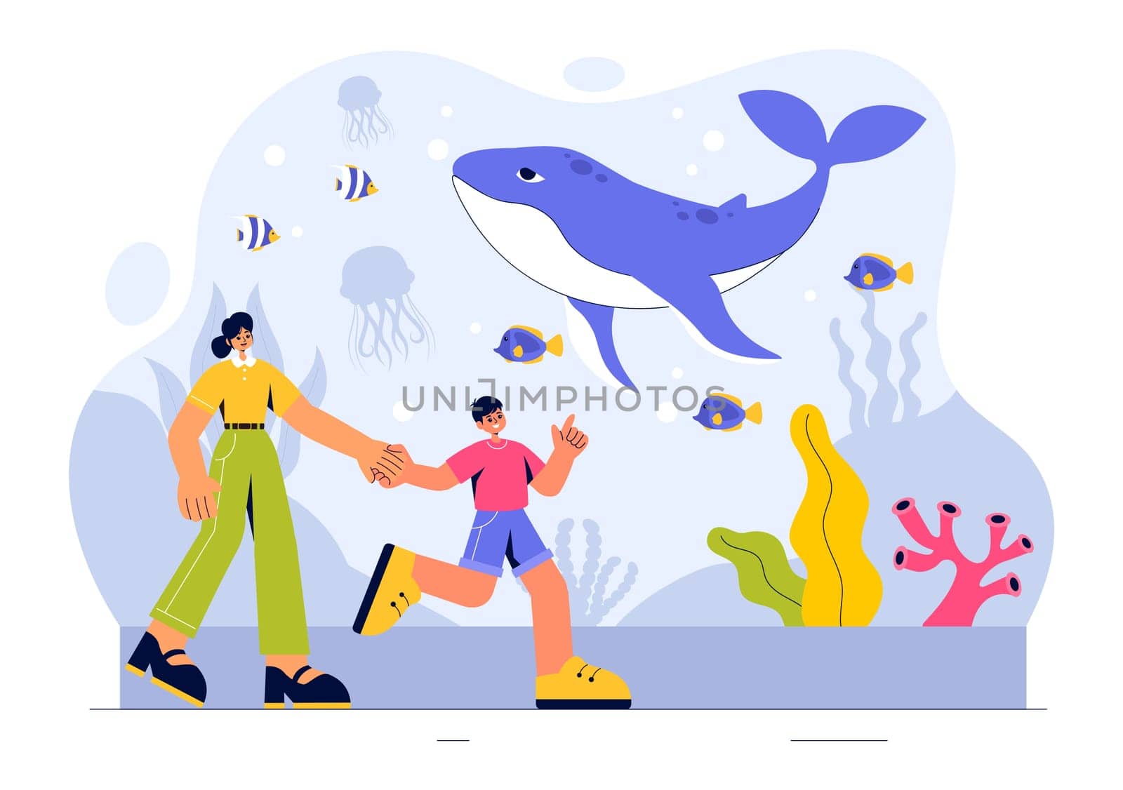 Aquarium Vector Illustration featuring an Underwater Scene with Fish Observation, Sea Animals, and Various Marine Flora and Fauna in a Background
