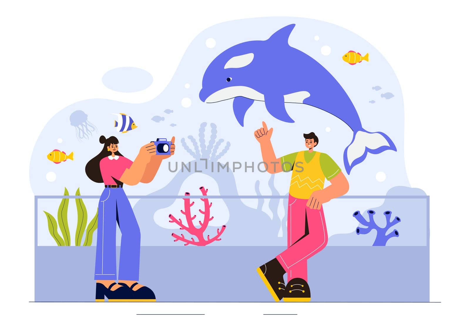Aquarium Vector Illustration featuring an Underwater Scene with Fish Observation, Sea Animals, and Various Marine Flora and Fauna in a Background