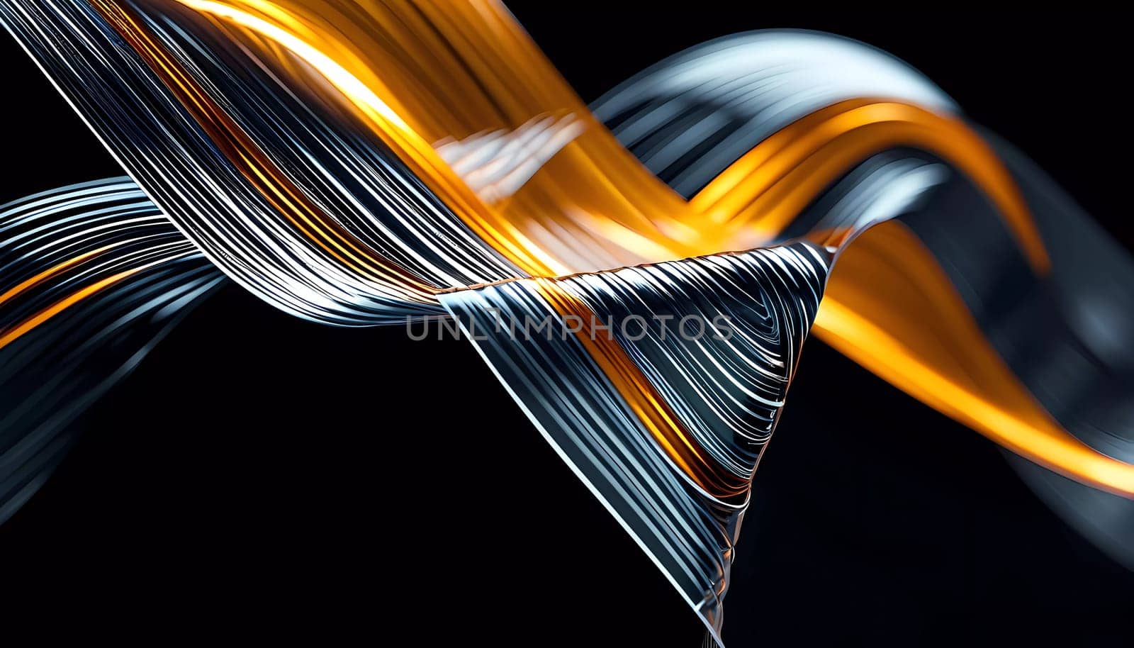 Fluid smooth lines intertwining on a deep black background, enriched by vibrant colors and a captivating bokeh effect that draws attention. Dynamic light traces in grey blue and yellow. Generative AI.