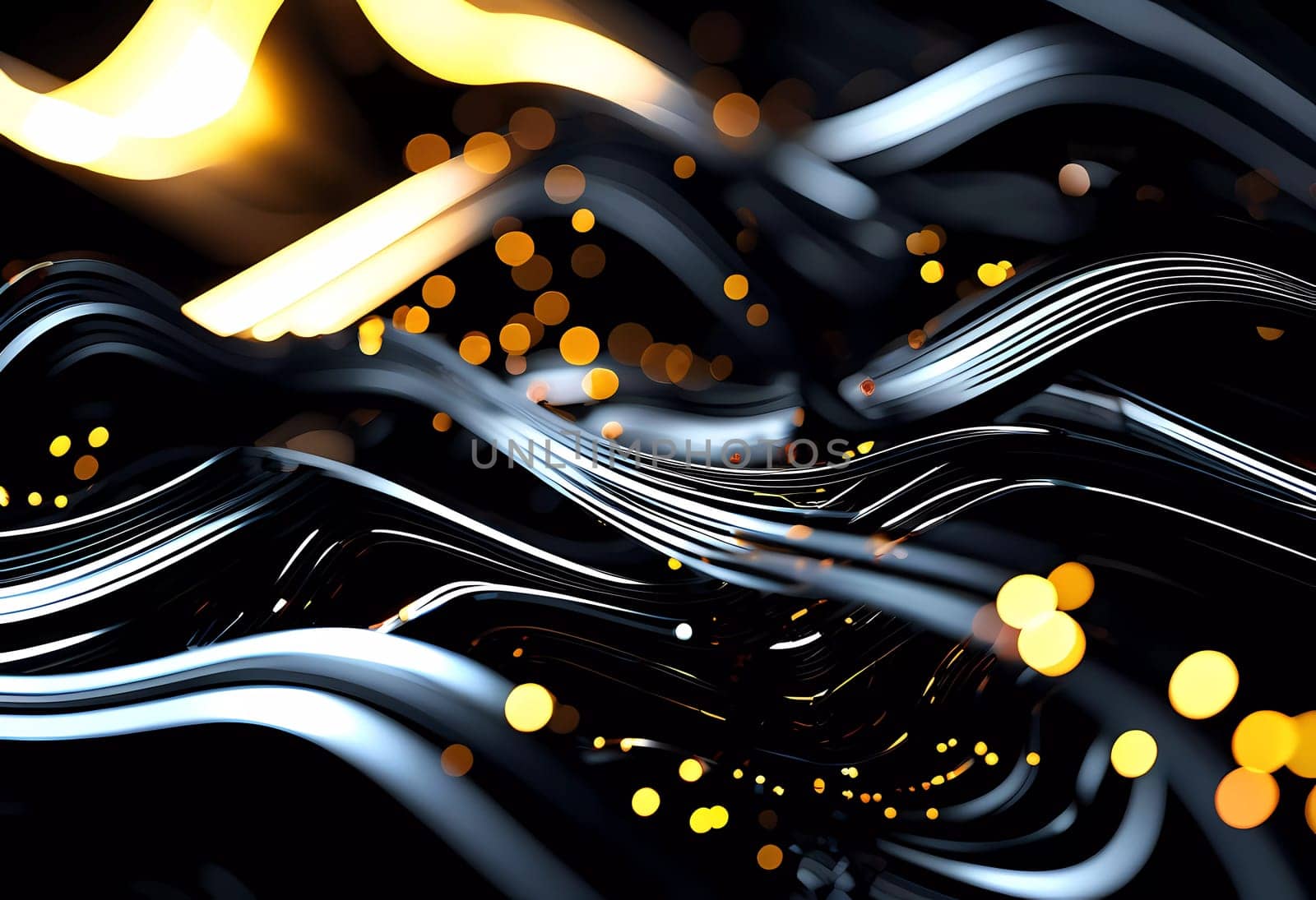 Fluid smooth lines intertwining on a deep black background, enriched by vibrant colors and a captivating bokeh effect draws attention. Dynamic light traces in grey, golden and yellow. Generative AI.