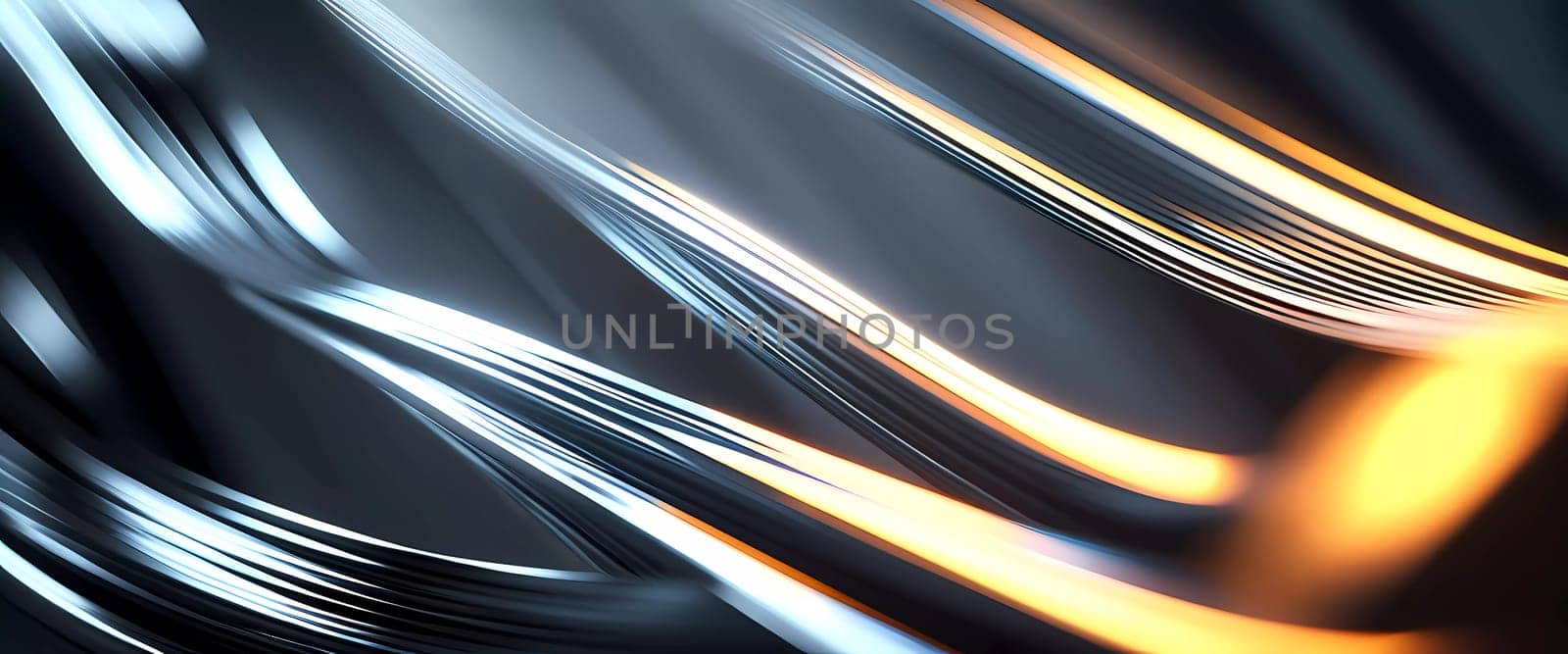 Fluid smooth lines intertwining on a deep black background, enriched by vibrant colors and a captivating bokeh effect that draws attention. Dynamic light traces in grey blue and yellow. Generative AI.
