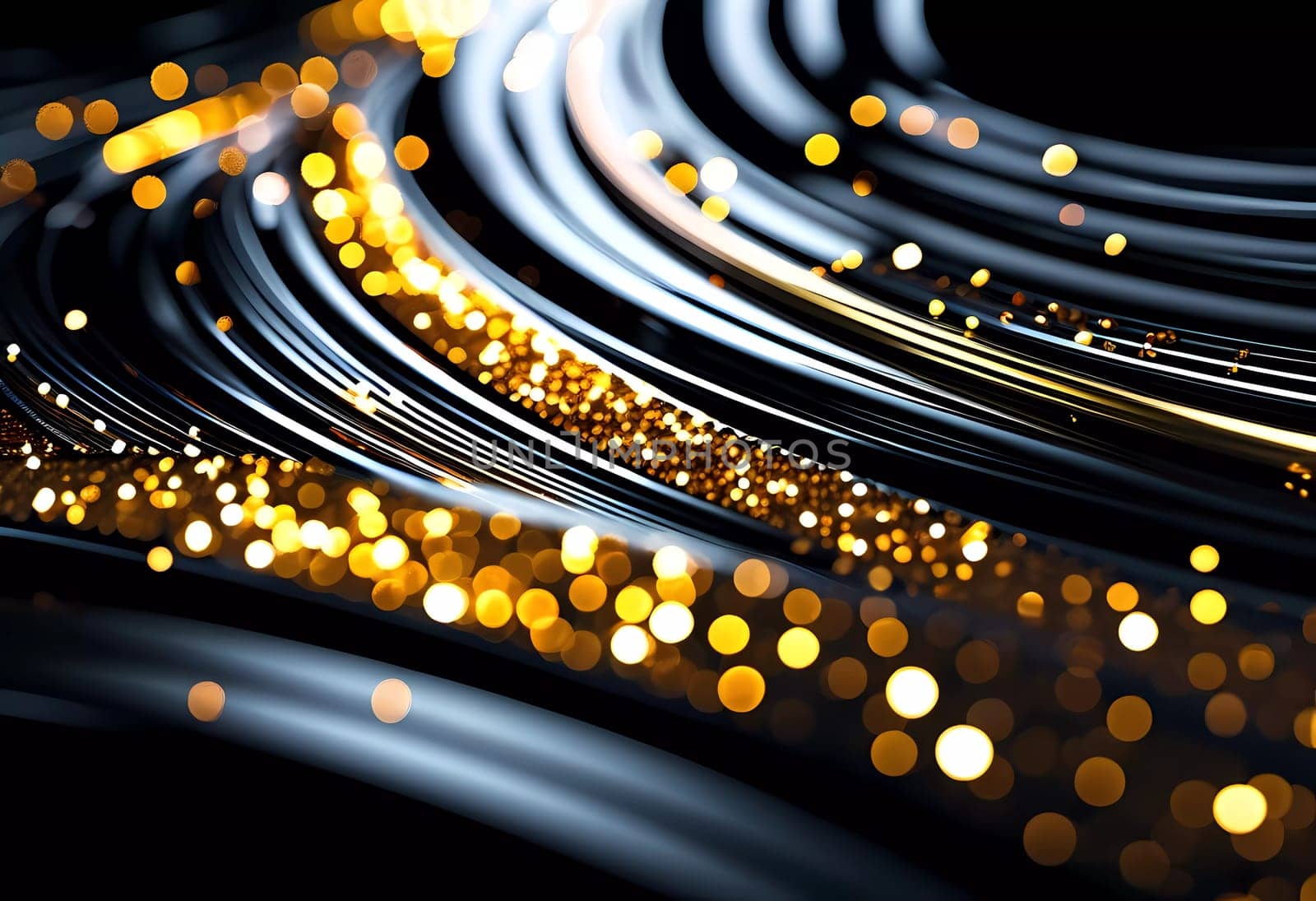 Fluid smooth lines intertwining on a deep black background, enriched by vibrant colors and a captivating bokeh effect draws attention. Dynamic light traces in grey, golden and yellow. Generative AI.