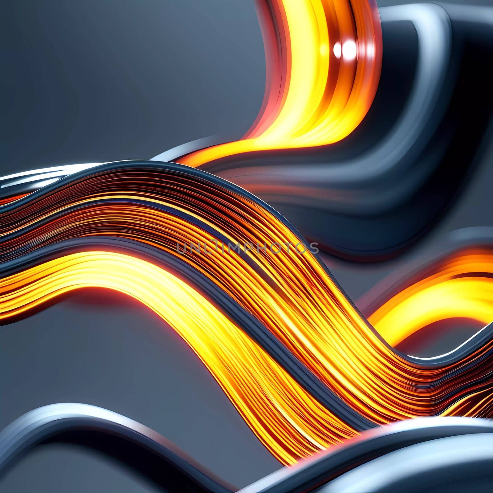 Soft, flowing lines in gray create an abstract composition, enhanced by subtle bokeh effects and vibrant orange highlights that shine against the smooth background. Generative AI.