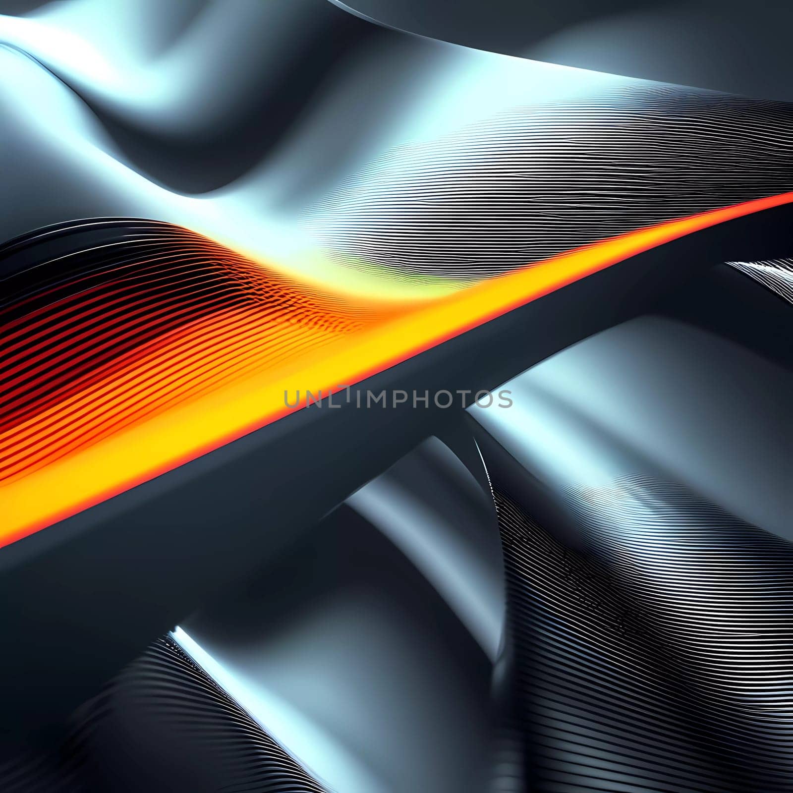 Fluid smooth lines intertwining on a deep black background, enriched by vibrant colors and a captivating bokeh effect that draws attention. Dynamic light traces in grey, blue, red and yellow. AI.