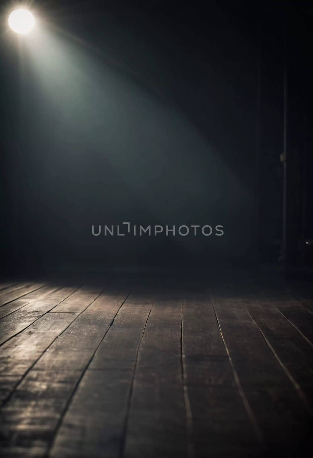 A dark corridor stretches out ahead, illuminated by a faint overhead light that creates ominous shadows along the wooden floor, evoking a chilling atmosphere. Generative AI.