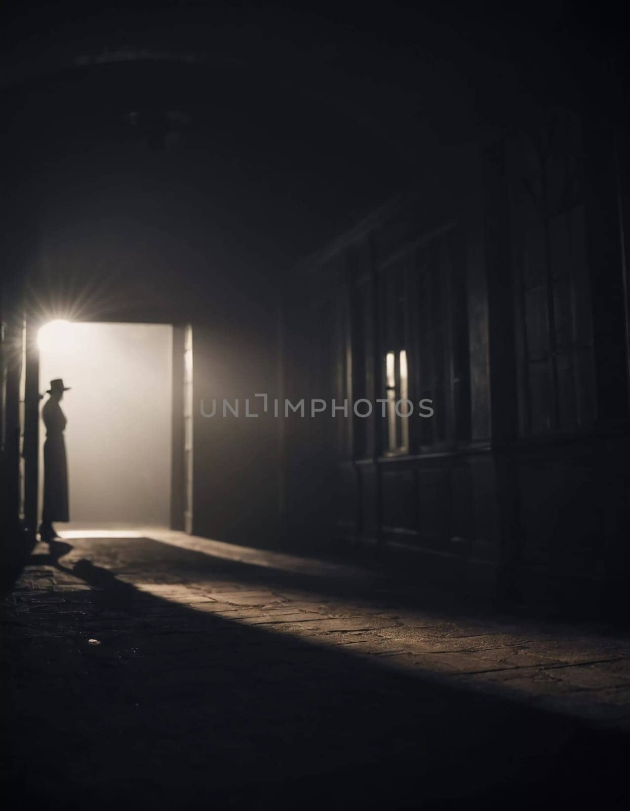 A dark corridor stretches out ahead, illuminated by a faint overhead light that creates ominous shadows along the wooden floor, evoking a chilling atmosphere. Generative AI.
