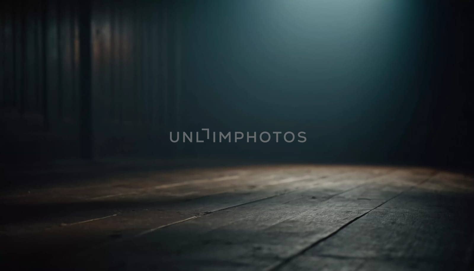 A dark corridor stretches out ahead, illuminated by a faint overhead light that creates ominous shadows along the wooden floor, evoking a chilling atmosphere. Generative AI.