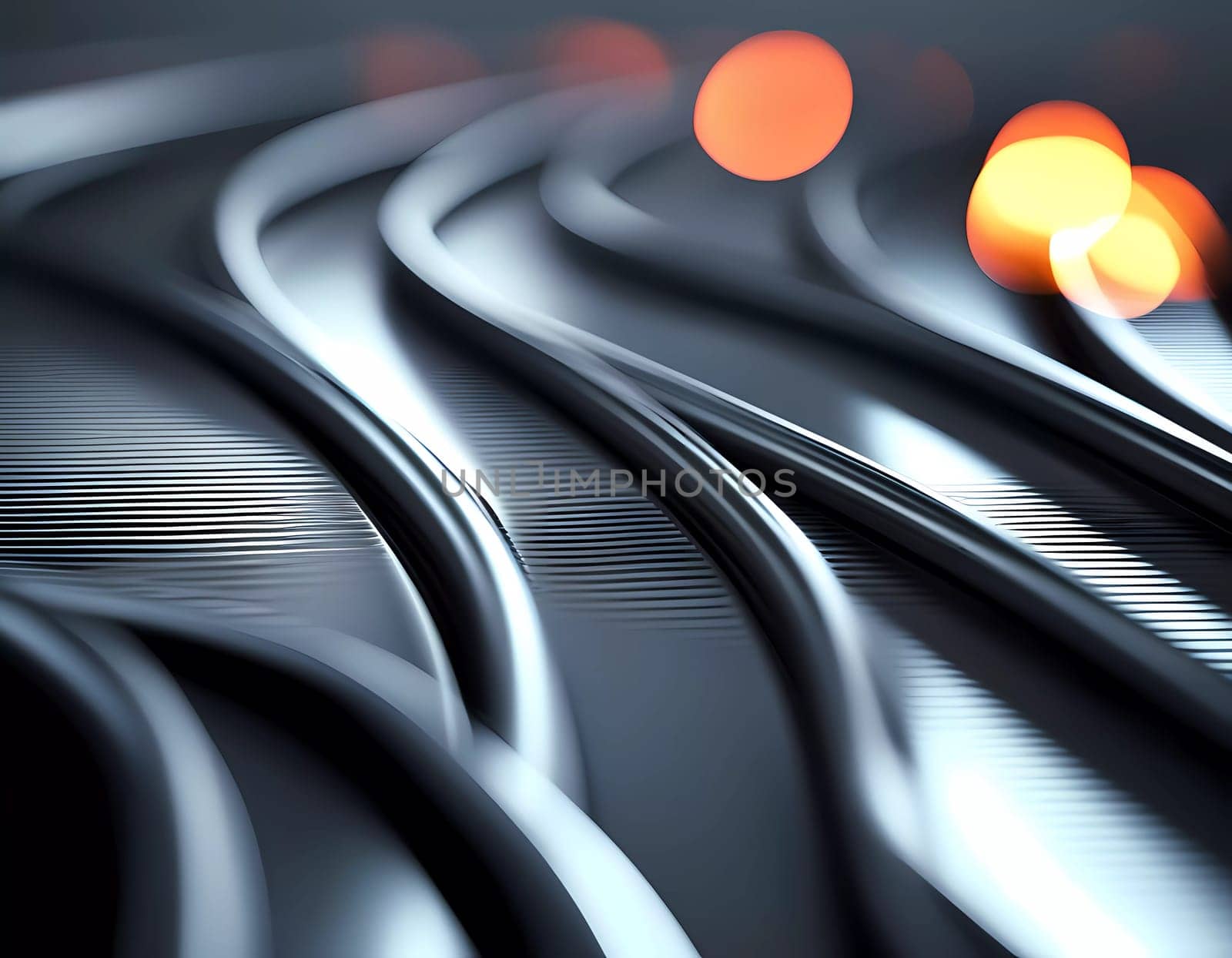 Fluid smooth lines intertwining on a deep black background, enriched by vibrant colors and a captivating bokeh effect draws attention. Dynamic light traces in grey, golden and yellow. Generative AI.