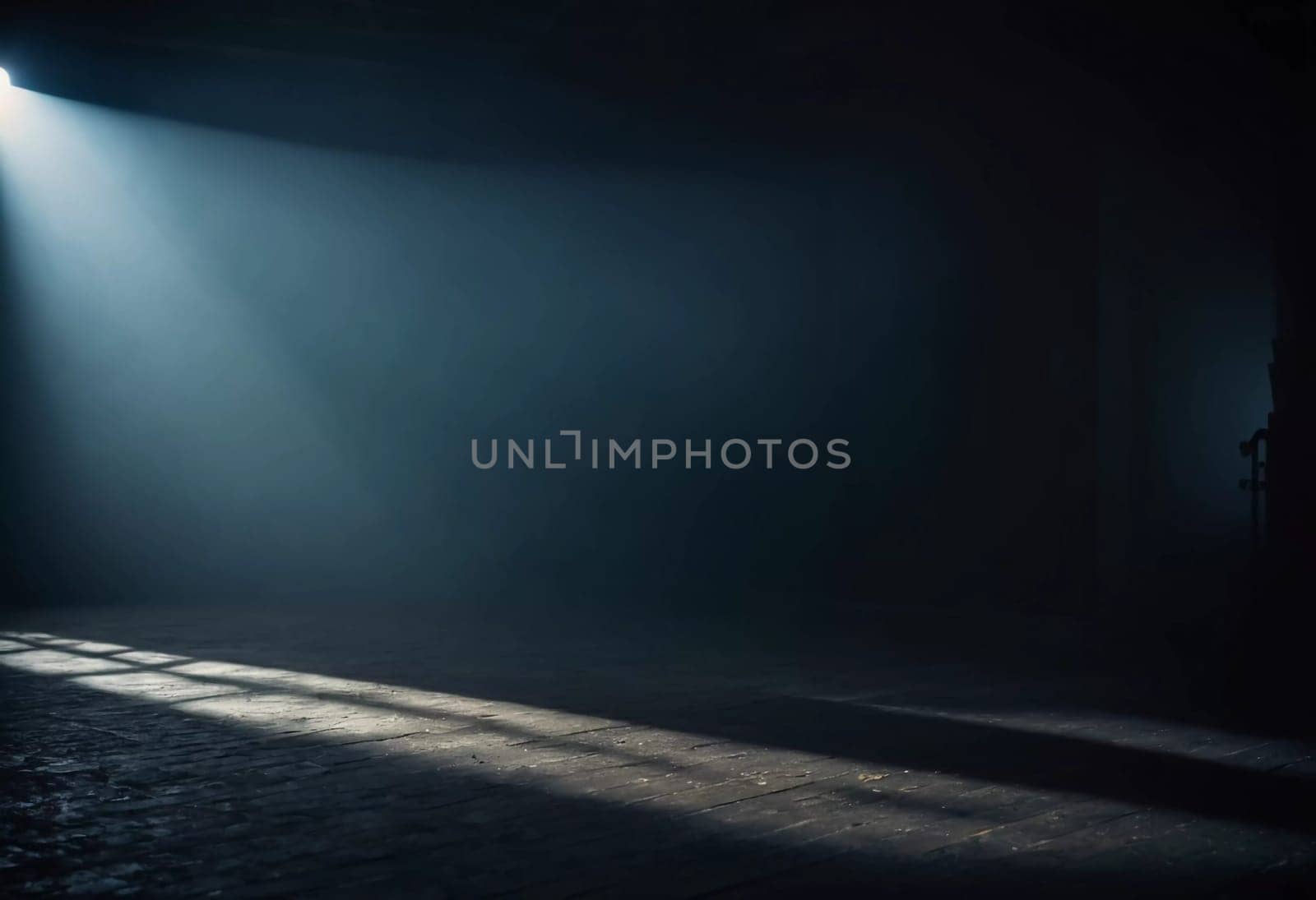 A dark corridor stretches out ahead, illuminated by a faint overhead light that creates ominous shadows along the wooden floor, evoking a chilling atmosphere. Generative AI.