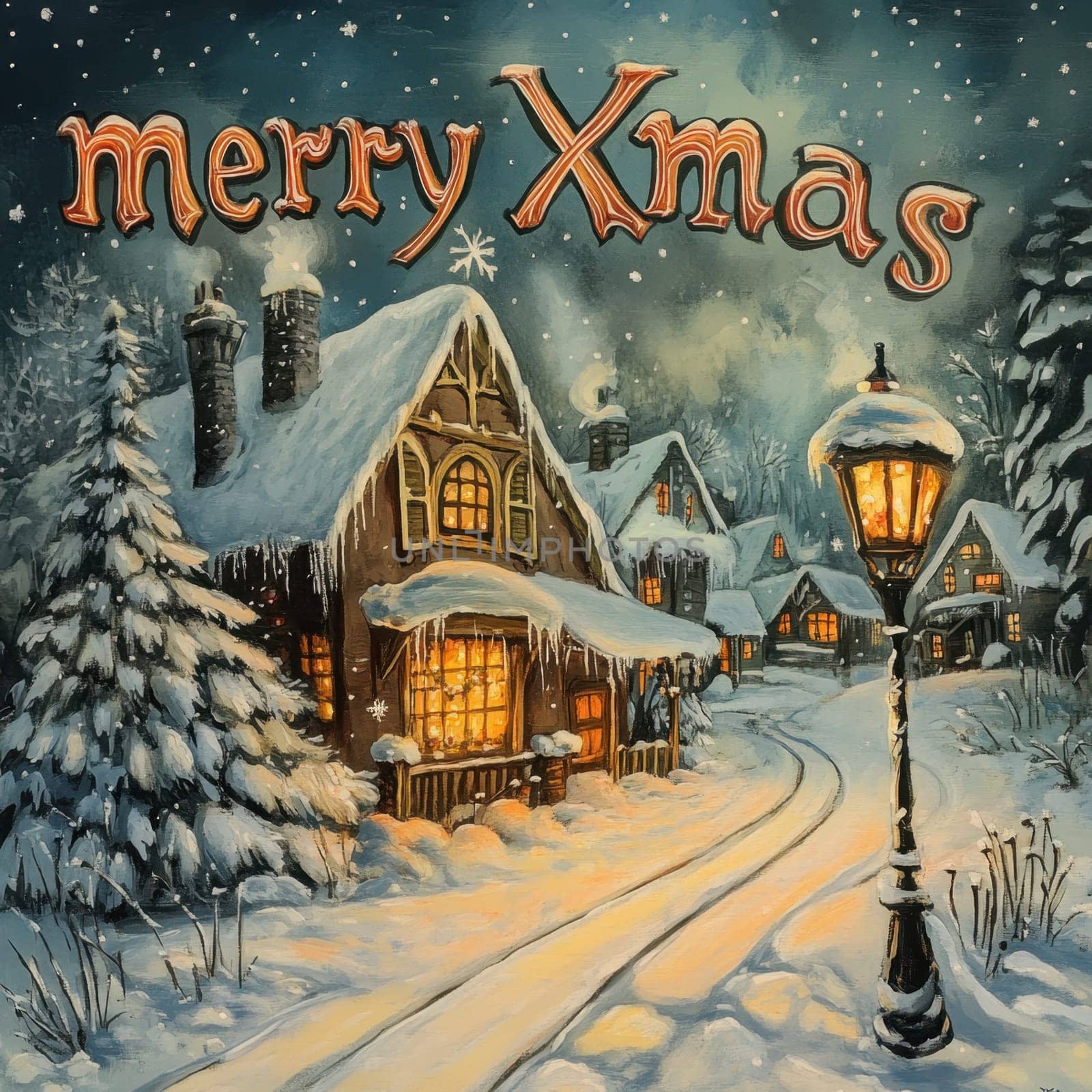 A charming village covered in snow showcases warm lights from cozy cottages trees adorned with snowflakes creating a delightful winter atmosphere.