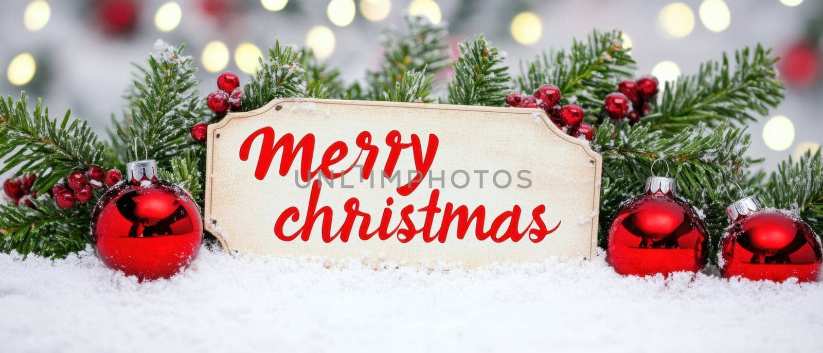 A vibrant display with red ornaments greenery and a sign reading Merry Christmas creating a festive atmosphere during the holiday season.