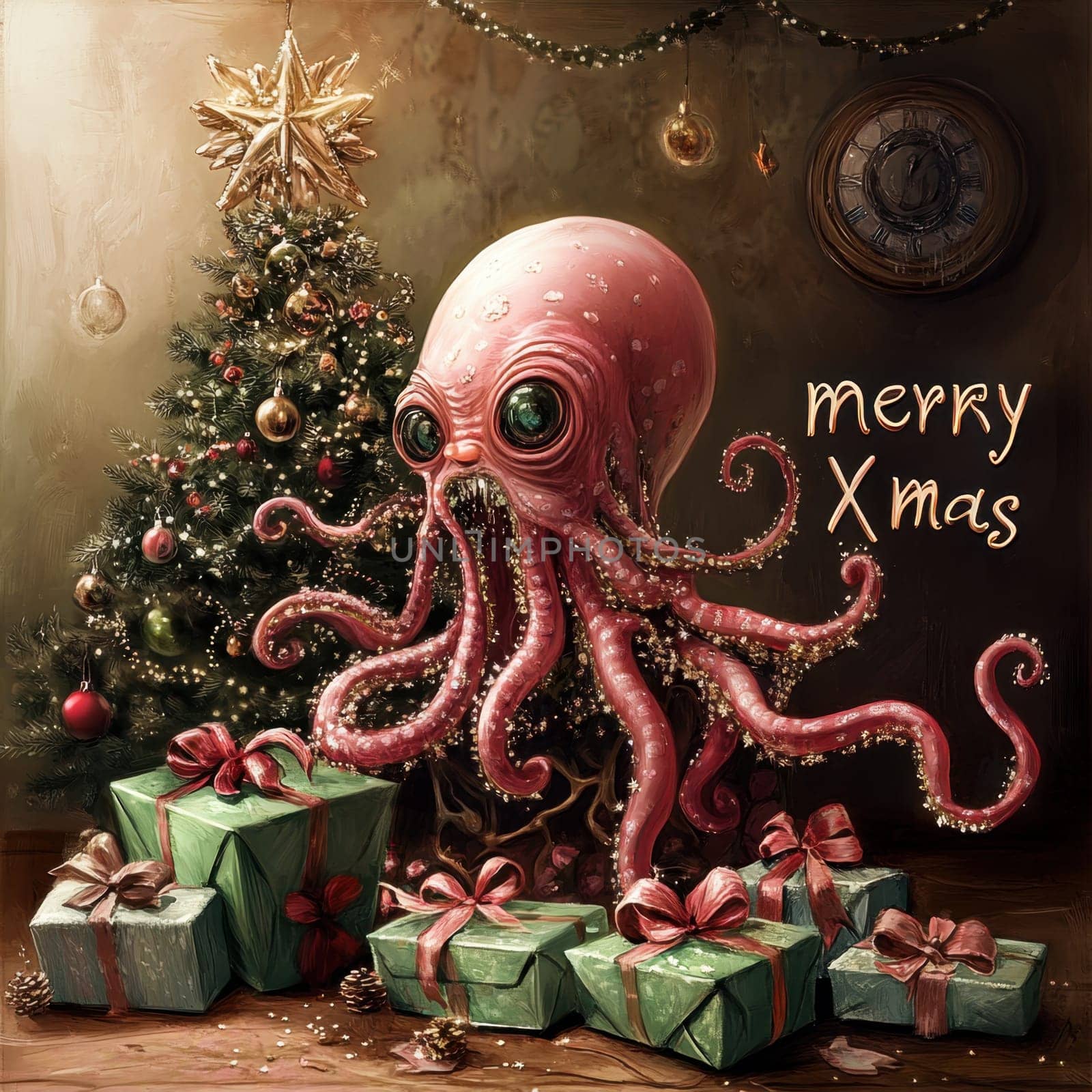 A whimsical octopus adorned with Christmas decorations stands by a tree surrounded by beautifully wrapped gifts.