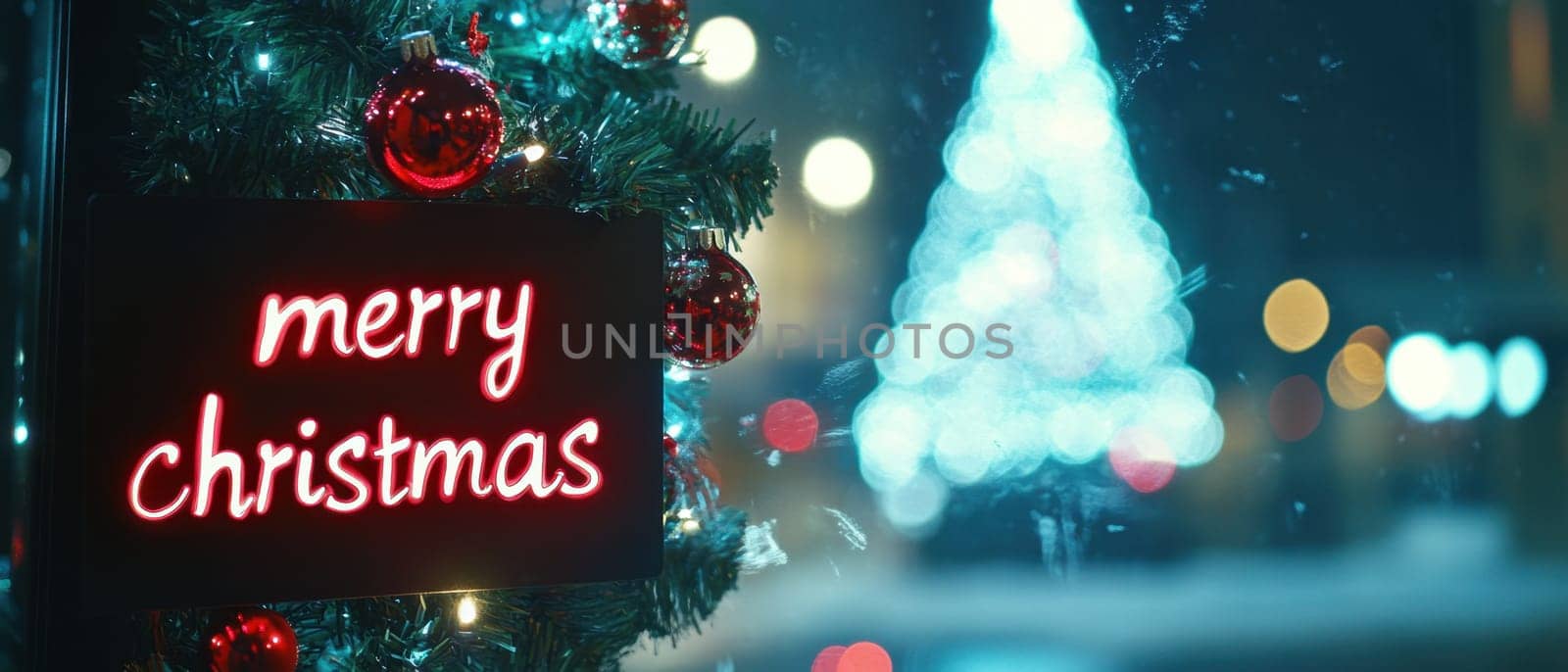 A vibrant Christmas tree shines in the background framing a decorative sign wishing everyone a Merry Christmas in a joyful setting.