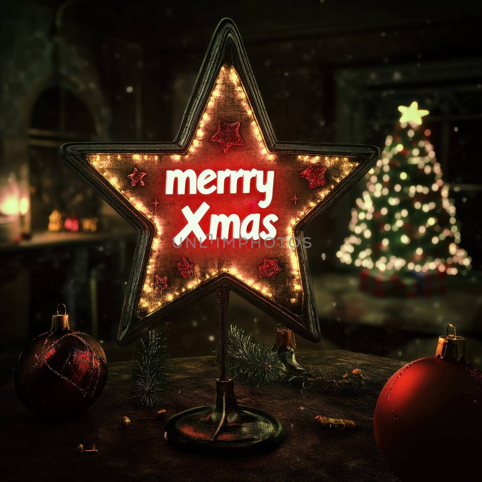 A lit star ornament reads Merry Xmas set against a beautifully adorned Christmas tree creating a cozy holiday atmosphere.
