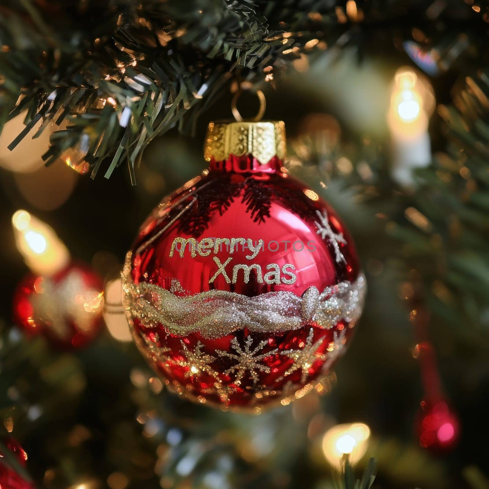 A bright red ornament with Merry Xmas hangs on a decorated Christmas tree surrounded by sparkling lights and greenery.