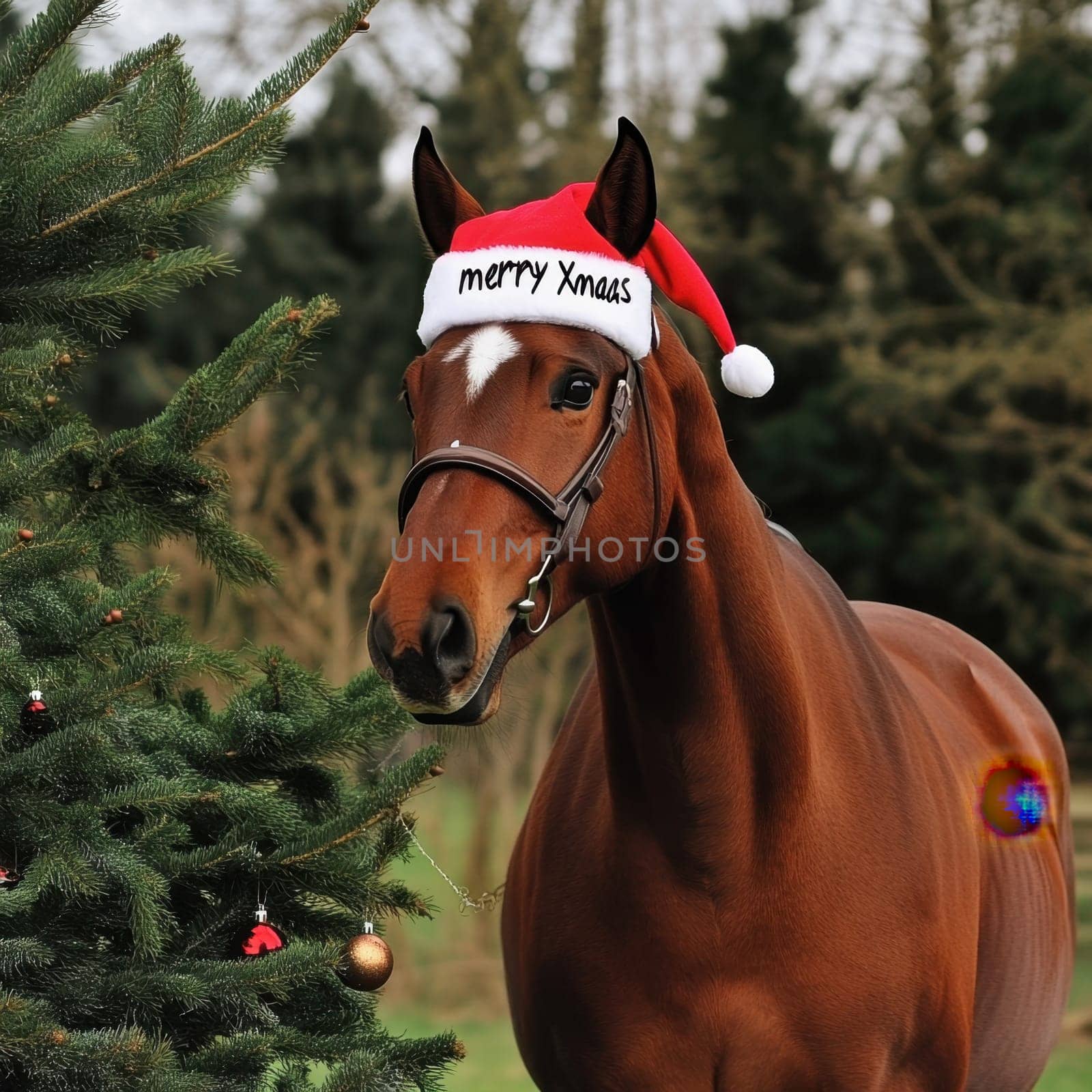 A horse adorned with a Christmas hat stands beside a decorated tree in a scenic outdoor setting radiating holiday cheer and joy.