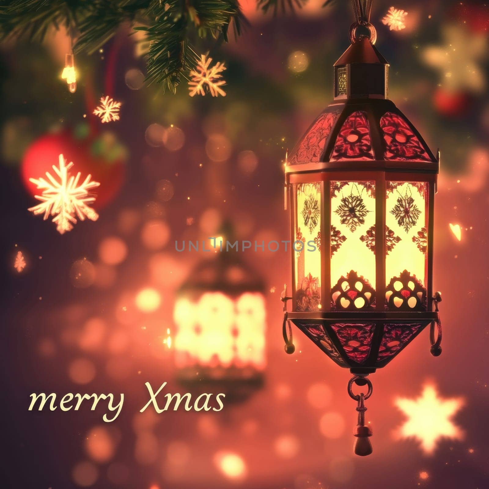 A beautifully designed lantern emits a warm glow surrounded by festive decorations and twinkling lights enhancing the holiday atmosphere.