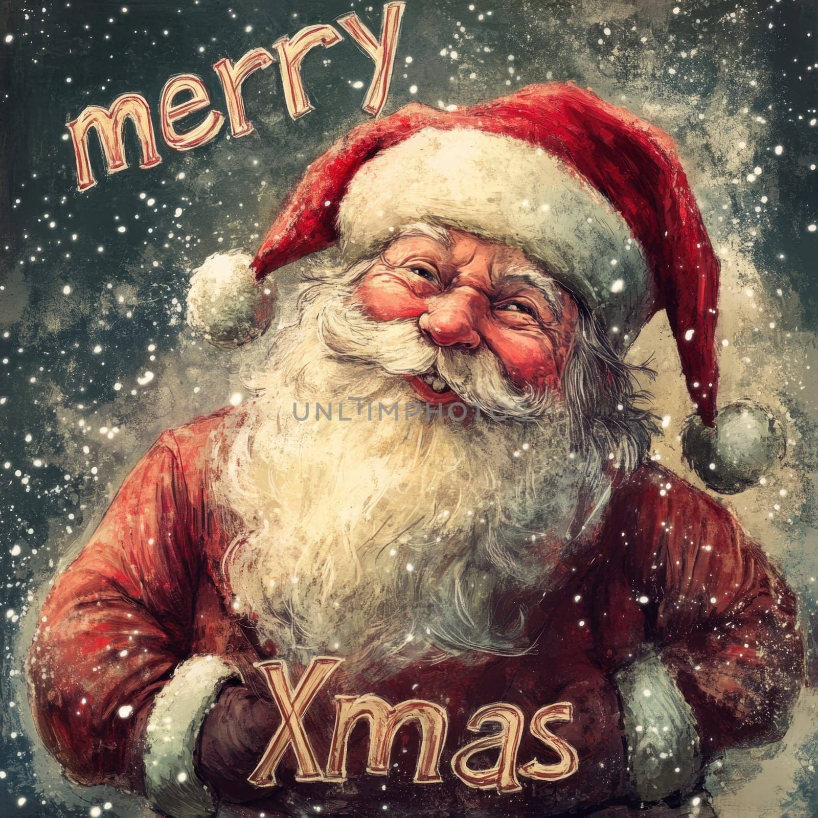 A jolly Santa Claus smiles warmly while surrounded by falling snowflakes celebrating the festive spirit of Christmas.