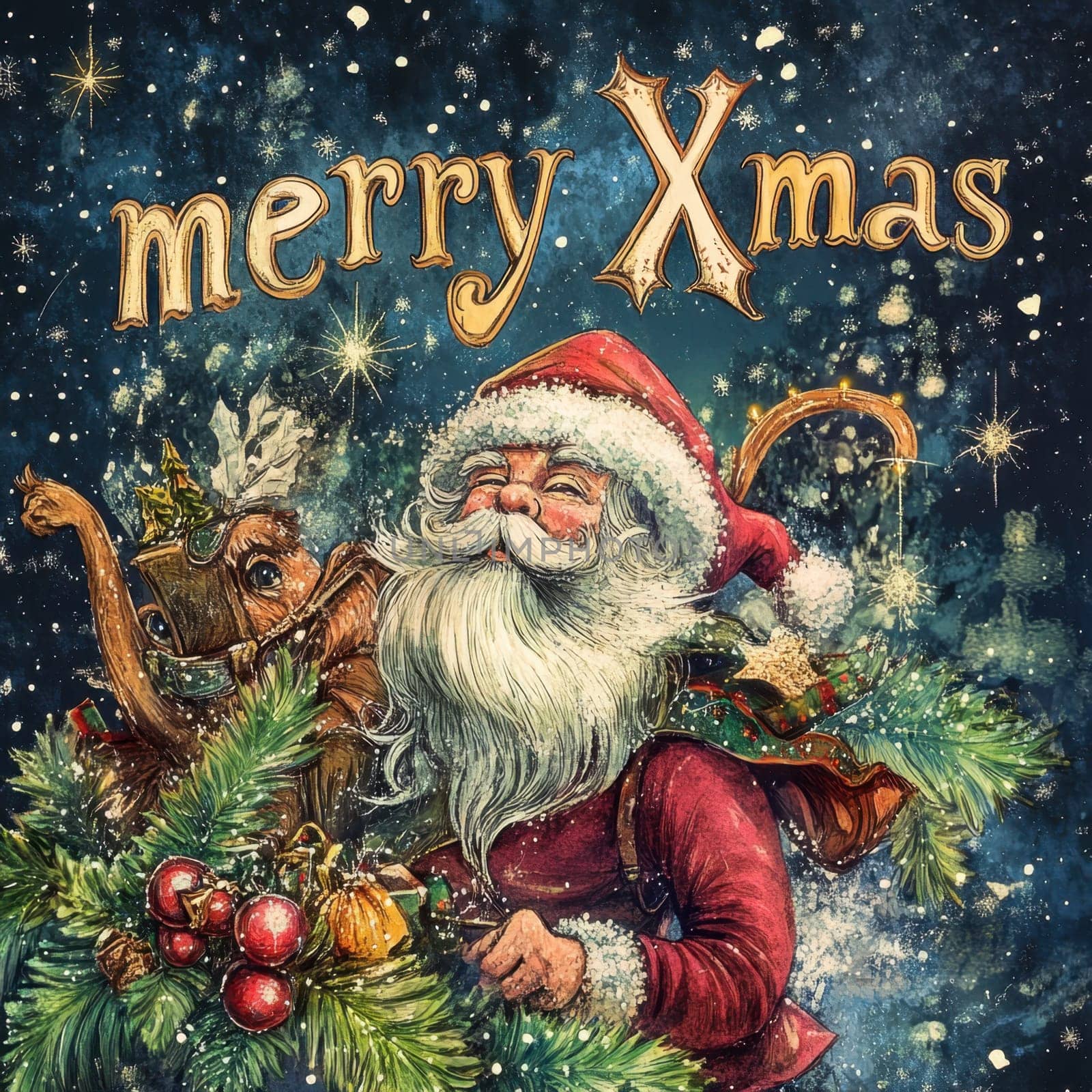 A joyful Santa Claus carries festive greenery and ornaments in a winter setting spreading holiday cheer and excitement.