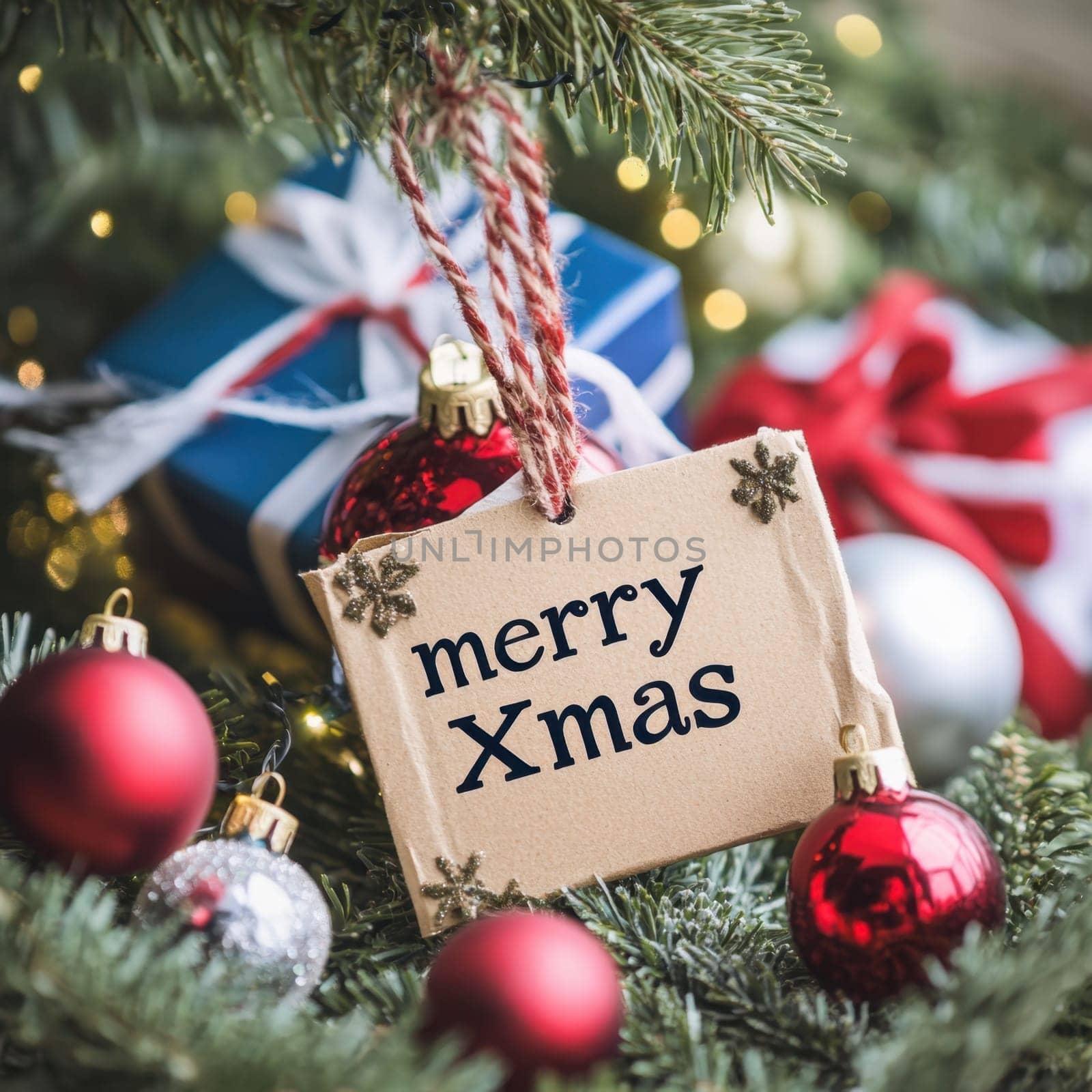 A beautifully decorated Christmas tree features red ornaments a gift box and a cheerful message on a card hanging from the branches.